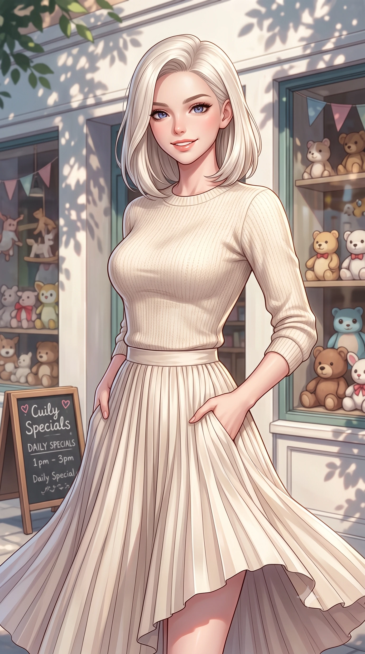 score_9, masterpiece, best quality, ultra-detailed, high-budget anime keyframe, editorial fashion photography, tasteful artistic composition, Caucasian woman. close-up cowboy shot from the waist and thighs up, the character dominates the composition, filling the frame with her large presence, background elements kept in soft focus. smiling with cute and bright self-assurance, looking directly at the viewer set against a soft-focus background of outside a retro toy boutique with cute window displays of stuffed animals with a small chalkboard sign showing daily specials written in cute lettering. She has an exceptionally elegant, slender, and willowy female figure with an ultra-slim waist, a gracefully sculpted slender torso, and a refined silhouette. sharp v-shaped jawline, high-bridge nose, intricate jewel-like eyes with depth, thick eyelashes, glossy lips with a natural sheen. wearing form-contouring cozy knit sweater in cream, paired with a flowy pleated midi skirt. dappled sunlight casting soft leaf shadows on the shop walls and her skin. highly saturated vibrant anime colors, detailed shading with soft gradients, rich glossy textures, high-contrast stereoscopic depth, volumetric dynamic lighting, master piece, 9:16 ratio