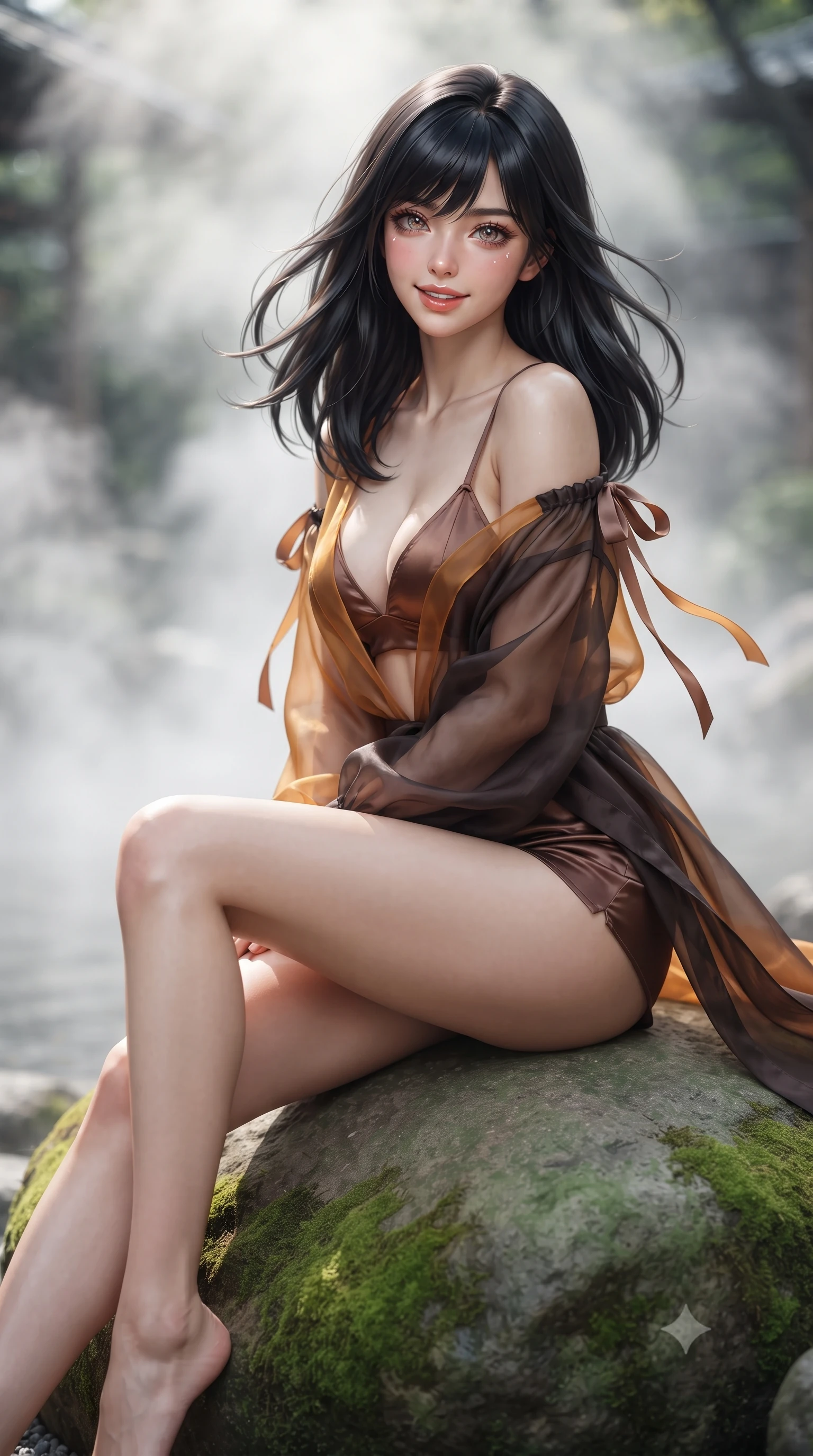 score_9, masterpiece, best quality, ultra-detailed, high-budget anime keyframe, editorial fashion photography, tasteful artistic composition, Caucasian woman. close-up cowboy shot from the waist and thighs up, the character dominates the composition, filling the frame with her large presence. turning slowly with an enchanting smoldering smile, her glossy hair tossing in the breeze as her hips angle gracefully in a captivating contrapposto while sitting gracefully on the smooth mossy boulder with legs extended, flashing a radiant, flirtatious smile with parted glossy lips. The background shows a soft-focus billowing thermal steam softened in private Higashiyama Zen estate shallow focus. She has an exceptionally elegant, slender, and willowy female figure with an ultra-slim waist, flat toned midriff, narrow ribcage, and sculpted feminine hips creating an alluring, slim hourglass silhouette without bulk. sharp v-shaped jawline, high-bridge nose, intricate jewel-like sparkling eyes with depth, thick eyelashes, glossy parted lips with a natural peach sheen, bright cheerful beaming smile with an enchanting and coquettish sensual glint, exuding both youthful cute charm and seductive allure, flawlessly proportioned anatomical accuracy, strict slender model proportions, natural body alignment, perfectly sculpted long slender limbs, ultra-slim waistline, clean dynamic posture without body distortion. wearing a sheer silk organza modern caftan robe worn loose and slipping off bare shoulders over a matching satin bralette and micro-shorts in Hannam-dong glowing amber and rich dark espresso, crafted from fluid liquid silk satin that clings smoothly to her narrow waist and rounded hips with a dewy sheen, finished with satin ribbon ties at the shoulders fluttering in the gentle breeze, the liquid-tight tailored fabric clinging flawlessly to her narrow waist and rounded feminine hips, emphasizing every millimeter of her sculpted slim hourglass curves without any bulky heaviness. illuminated by raked gravel reflection bounce and sharp platinum-gold rim lights sculpting her features, flat midriff, and slender waist. ultra-reflective glossy finish, specular highlights, rich textural contrasts, high-contrast stereoscopic depth, volumetric dynamic lighting, 2k, ultra detail, master piece, 9:16 ratio