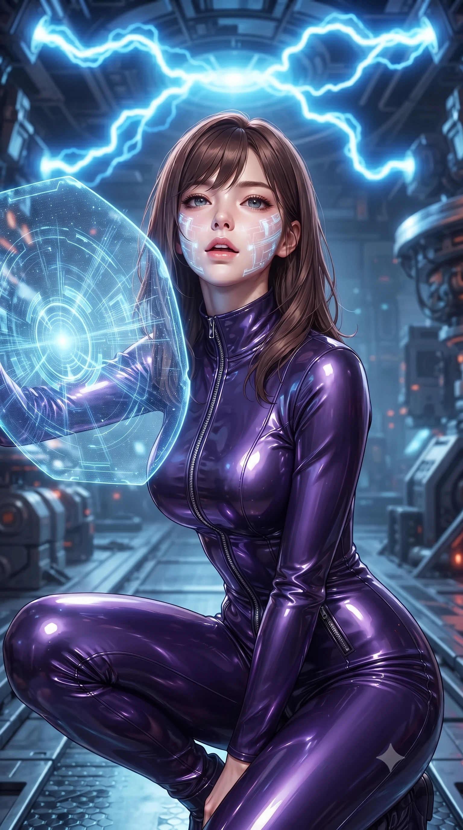 score_9, masterpiece, best quality, ultra-detailed, high-budget anime keyframe, editorial fashion photography, tasteful artistic composition, Korean woman. close-up cowboy shot from the waist and thighs up, the character dominates the composition, filling the frame with her large presence, background elements kept in soft focus. crouching slightly behind a glowing holographic shield emitter, looking up with defiance and lips slightly parted, the background shows a soft-focus a cybernetic combat dome with electric blue plasma arcs dancing on the ceiling. She has an exceptionally elegant, slender, and willowy female figure with an ultra-slim waist, a gracefully sculpted slender torso, and a refined silhouette. sharp v-shaped jawline, high-bridge nose, intricate jewel-like eyes with depth, thick eyelashes, glossy lips with a natural sheen. wearing a body-hugging form-contouring pilot flight suit in deep purple liquid vinyl, featuring a snug mock-neck and chrome zipper details. pulsing electric blue plasma arc lighting casting dynamic highlights from above. ultra-reflective glossy finish, specular highlights, metallic sheen, high-contrast stereoscopic depth, volumetric dynamic lighting, 2k, ultra detail, master piece, 9:16 ratio
