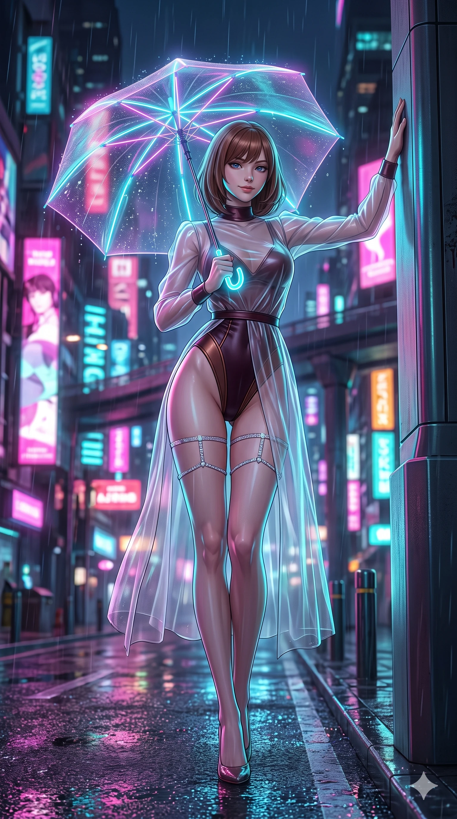 score_9, masterpiece, best quality, ultra-detailed, high-budget anime keyframe, editorial fashion photography, tasteful artistic composition, Caucasian woman. low angle full-body shot from head to toe showing her feet, filling the entire 9:16 vertical frame with her statuesque presence, stretching her vertical silhouette. standing tall beside the architectural column, one hand resting high while arching her lower back to emphasize her sculpted feminine hips and slender waist while standing poised on the wet asphalt boulevard beneath a glowing translucent umbrella with laser ribs, arching her lower back with sovereign supermodel allure as rain droplets scatter neon light. The background shows a soft-focus towering 3D holographic advertisements, neon-drenched sky-freeway tiers, and rain mist scattering magenta and cyan light blurred into fuchsia, turquoise, and amber bokeh. She has an exceptionally tall and slender model-like 8.5-heads proportion, an ultra-slim waist, a flat toned midriff, narrow delicate ribcage, and beautifully sculpted feminine hips creating a graceful, slim hourglass silhouette without any bulky heaviness, with impossibly long slender legs. sharp v-shaped jawline, high-bridge nose, intricate jewel-like sparkling eyes with depth, thick eyelashes, glossy parted lips with a natural peach sheen, bright cheerful beaming smile with an enchanting and coquettish sensual glint, exuding both youthful cute charm and seductive allure, flawlessly proportioned anatomical accuracy, strict slender model proportions, natural body alignment, perfectly sculpted long slender limbs, ultra-slim waistline, clean dynamic posture without body distortion. wearing a semi-opaque sheer overlay dress worn over a leather micro-bodysuit with high-cut leg openings in deep burgundy and bronze accents, crafted from translucent silk organza with an ethereal crystalline sheen, finished with delicate crystal-encrusted thigh garter straps glinting in the dim light, the liquid-tight tailored fabric clinging flawlessly to her narrow waist and rounded feminine hips, emphasizing every millimeter of her sculpted slim hourglass curves without any bulky heaviness. illuminated by wet asphalt reflection bounce and sharp laser-cyan rim lights sculpting her razor-sharp jawline, narrow waist, and curvy hips. ultra-reflective glossy finish, specular highlights, rich textural contrasts, high-contrast stereoscopic depth, volumetric dynamic lighting, 2k, ultra detail, master piece, 9:16 ratio