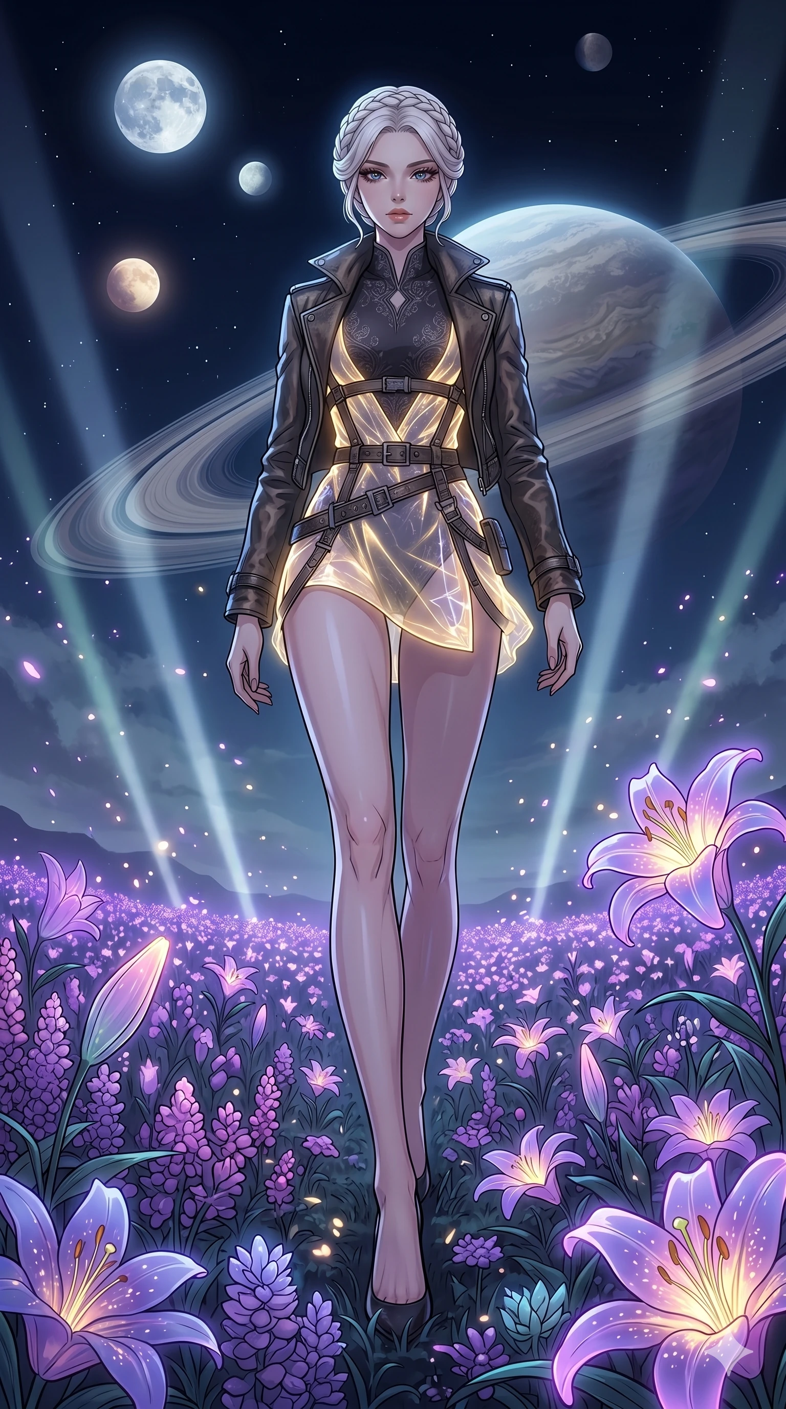 score_9, masterpiece, best quality, ultra-detailed, High-budget Anime Keyframe, vibrant colors, fluid line-art, expressive lighting, cinematic composition, Ufotable-style visual effects, top-tier animation quality, Japanese woman with delicate and elegant anime-inspired features. Wide-angle low shot emphasizing her elegant legs and commanding stature. Walking gracefully through a field of bioluminescent lilies that glow brighter as she passes, under a sky filled with three moons. She has an well-proportioned figure, an tall and elegant figure with elegant legs and an graceful posture, her statuesque height and towering silhouette dominating the vertical 9:16 frame. Her face is a masterpiece featuring a sharp v-shaped jawline, high-bridge nose, intricate jewel-like eyes with depth, thick eyelashes, and glossy lips with a natural sheen. She is wearing a with a stylishly open collar leather jacket over a elegant top and a stylish belt harness crafted from Bioluminescent silk that emits a soft, ethereal glow from within the fabric, featuring a crystalline structure that catches the light and reveals her slender frame. The scene is set in a mysterious alien planet with bioluminescent purple flora and a giant ringed planet in the sky, illuminated by volumetric light beams cutting through a hazy atmosphere, creating a sense of depth. 2k, ultra detail, master piece, 9:16 ratio