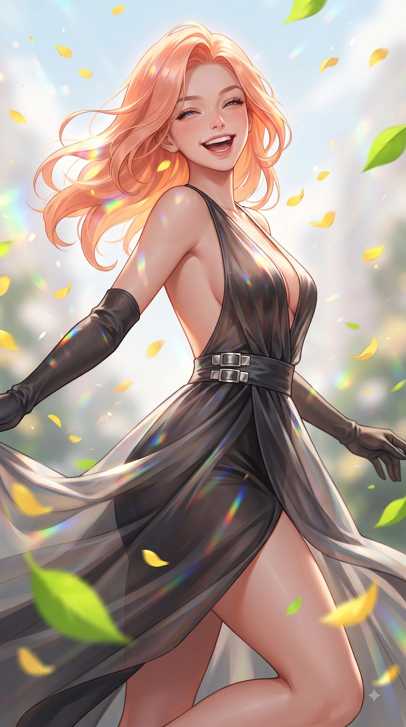 score_9, masterpiece, best quality, ultra-detailed, high-budget anime keyframe, editorial fashion photography, tasteful artistic composition, Japanese woman. close-up cowboy shot from the waist and thighs up, the character dominates the composition, filling the frame with her large presence, background elements kept in soft focus. Cheerful beaming smile with parted lips, exuding pure enchanting charm while turning dynamically toward the camera while spinning in mid-air with a delighted laughing expression as yellow petals rain around her, bright green leaves and golden petals casting cheerful organic stencil shadows. She has an exceptionally elegant, slender, and willowy female figure with an ultra-slim waist, a gracefully sculpted slender torso, and a refined silhouette. sharp v-shaped jawline, high-bridge nose, intricate jewel-like eyes with depth, thick eyelashes, glossy lips with a natural sheen, flawlessly proportioned anatomical accuracy, natural body alignment, perfectly sculpted elegant limbs, clean dynamic posture without body distortion. wearing a translucent iridescent chiffon gown with a plunging neckline and open back in matte black and polished silver, crafted from lustrous satin jersey with fluid draping, detailed with polished silver buckles along the waistline, the glove-like fit emphasizing her statuesque silhouette during motion. illuminated by dazzling rainbow refractions and bright, cheerful ambient sky glow. ultra-reflective glossy finish, specular highlights, metallic sheen, high-contrast stereoscopic depth, volumetric dynamic lighting, 2k, ultra detail, master piece, 9:16 ratio