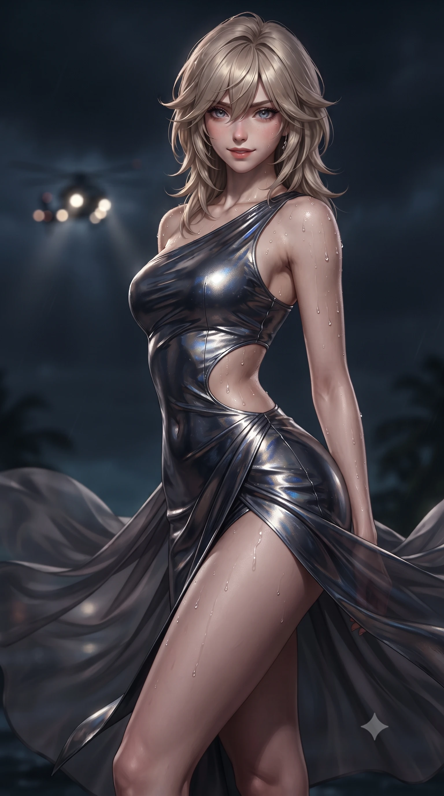 score_9, masterpiece, best quality, ultra-detailed, high-budget anime keyframe, editorial fashion photography, tasteful artistic composition, Japanese woman. close-up cowboy shot from the waist and thighs up, the character dominates the composition, filling the frame with her large presence. leaning forward while arching her lower back to accentuate her curvy hips, looking into the camera with an intoxicating smoldering gaze and bedroom-eyes while twisting her slender torso in an alluring S-curve, tropical night storm winds billowing her sheer cape around her long slender legs and curvy hips. The background shows a soft-focus helicopter approach lights softened in dramatic atmospheric shallow focus. She has an exceptionally elegant, slender, and willowy female figure with an ultra-slim waist, flat toned midriff, narrow ribcage, and sculpted feminine hips creating an alluring, slim hourglass silhouette without bulk. sharp v-shaped jawline, high-bridge nose, sparkling eyes with hypnotic seductive depth, thick curled eyelashes, glossy parted lips with a natural dewy peach sheen, alluring bedroom-eyes with an enchanting coquettish smile, exuding magnetic siren charisma and sophisticated glamour, flawlessly proportioned anatomical accuracy, strict slender model proportions, natural body alignment, perfectly sculpted long slender limbs, ultra-slim waistline, clean dynamic posture without body distortion. wearing an asymmetric one-shoulder metallic cocktail mini dress with a dramatic side cutout hugging her waist and hips in molten liquid platinum and midnight charcoal with sapphire reflections, tailored from fine breathable linen with soft natural texture and elegant drape, complemented by glistening drops of moisture beading across her sculpted shoulders and flat midriff, the high-slit wrap tailoring accentuating her ultra-slim waistline and the enchanting curve of her feminine hips with alluring seductive charm. illuminated by puddle specular bounce and sharp platinum-gold rim lights defining her delicate clavicles, narrow waist, and curvy hips. ultra-reflective glossy finish, specular highlights, rich textural contrasts, high-contrast stereoscopic depth, volumetric dynamic lighting, 2k, ultra detail, master piece, 9:16 ratio