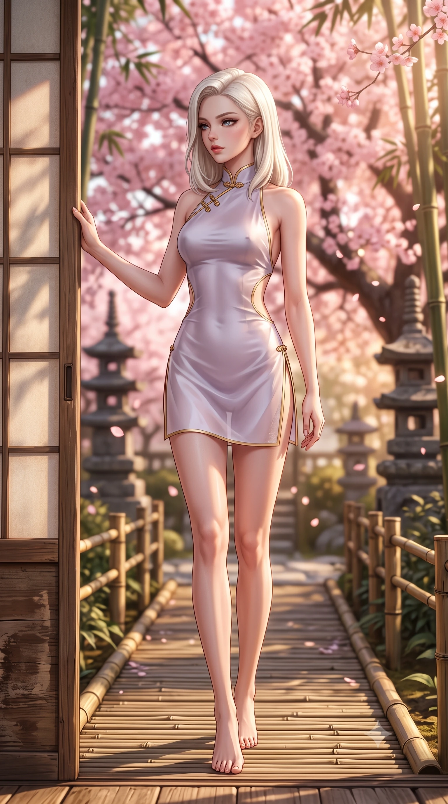 score_9, masterpiece, best quality, ultra-detailed, high-budget anime keyframe, semi-realistic 3D game render, editorial fashion photography, tasteful artistic composition, Caucasian woman. low angle full-body shot from head to toe showing her feet, filling the entire 9:16 vertical frame with her statuesque presence, stretching her vertical silhouette. walking slowly through the bamboo pathway, looking back over her shoulder with an air of effortless oriental grace and an alluring, smoldering smile while leaning against the cedar sliding doorframe with hips cocked back, looking over her shoulder with an alluring, nostalgic bedroom-gaze. The background shows a soft-focus drifting pink cherry blossoms from a massive blooming tree and historic temple stone pagodas blurred into sakura pink, honey, and charcoal bokeh. She has an absolutely perfect, statuesque 8.5-heads proportion, an exceptionally tall and slender model-like female figure with impossibly long slender legs, an ultra-slim waist, a flat toned midriff, narrow delicate ribcage, and beautifully sculpted feminine hips creating a graceful, slim hourglass silhouette without any bulky heaviness. sharp v-shaped jawline, high-bridge nose, intricate jewel-like dark sparkling almond eyes with depth, thick lashes, glossy parted lips with a natural rose-plum sheen, bright alluring and coquettish smile with bedroom-eyes, exuding both timeless oriental elegance and sovereign high-fashion allure, flawlessly proportioned anatomical accuracy, strict slender model proportions, natural body alignment, perfectly sculpted long slender limbs, ultra-slim waistline, clean dynamic posture without body distortion. wearing a backless halter qipao mini dress with delicate frog-button closures and side waist cutouts framing her hourglass curves in frosted lilac mist and pearlescent alabaster, tailored from sheer gossamer silk organza with an airy weightless flutter, finished with sharp laser-cut side hip slits framed by gold piping, the form-fitting tailored bodice adhering flawlessly to her sculpted flat midriff and slender torso, emphasizing her long leg lines and perfectly proportioned willowy build. bathed in warm, soft spring afternoon sunlight filtering through pink blossom branches. highly saturated vibrant anime colors, detailed shading with soft gradients, rich glossy textures, high-contrast stereoscopic depth, volumetric dynamic lighting, master piece, 9:16 ratio