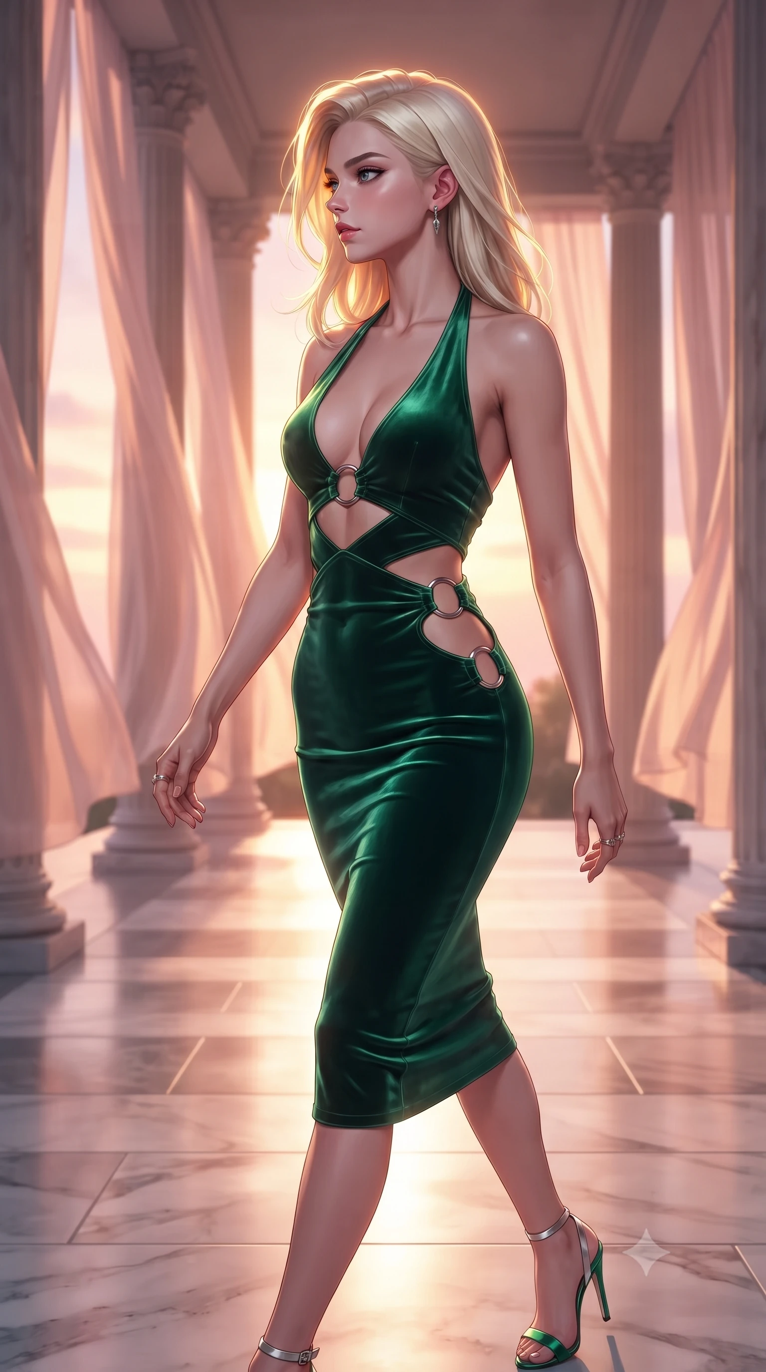 score_9, masterpiece, best quality, ultra-detailed, high-budget anime keyframe, editorial fashion photography, tasteful artistic composition, Caucasian woman. close-up cowboy shot from the waist and thighs up, the character dominates the composition, filling the frame with her large presence, background elements kept in soft focus. Turning her face in sharp dramatic profile against the bright light, showcasing her sharp v-shaped jawline walking through an open-air colonnade with billowing silk gossamer curtains, soft rose-gold and amber sunset light reflecting off polished marble. She has an exceptionally elegant, slender, and willowy female figure with an ultra-slim waist, a gracefully sculpted slender torso, and a refined silhouette. sharp v-shaped jawline, high-bridge nose, intricate jewel-like eyes with depth, thick eyelashes, glossy lips with a natural sheen. wearing a deep-scoop halter bodycon dress with hip cutouts connected by silver rings in deep emerald green and silver accent, made of premium stretch velvet with a rich sheen, featuring subtle geometric cutouts that highlight her ultra-slim midriff, the elegant draped fit framing her graceful clavicle and slender torso. illuminated by soft glowing sunset radiance with dramatic golden rim highlights. highly saturated vibrant anime colors, detailed shading with soft gradients, rich glossy textures, high-contrast stereoscopic depth, volumetric dynamic lighting, master piece, 9:16 ratio