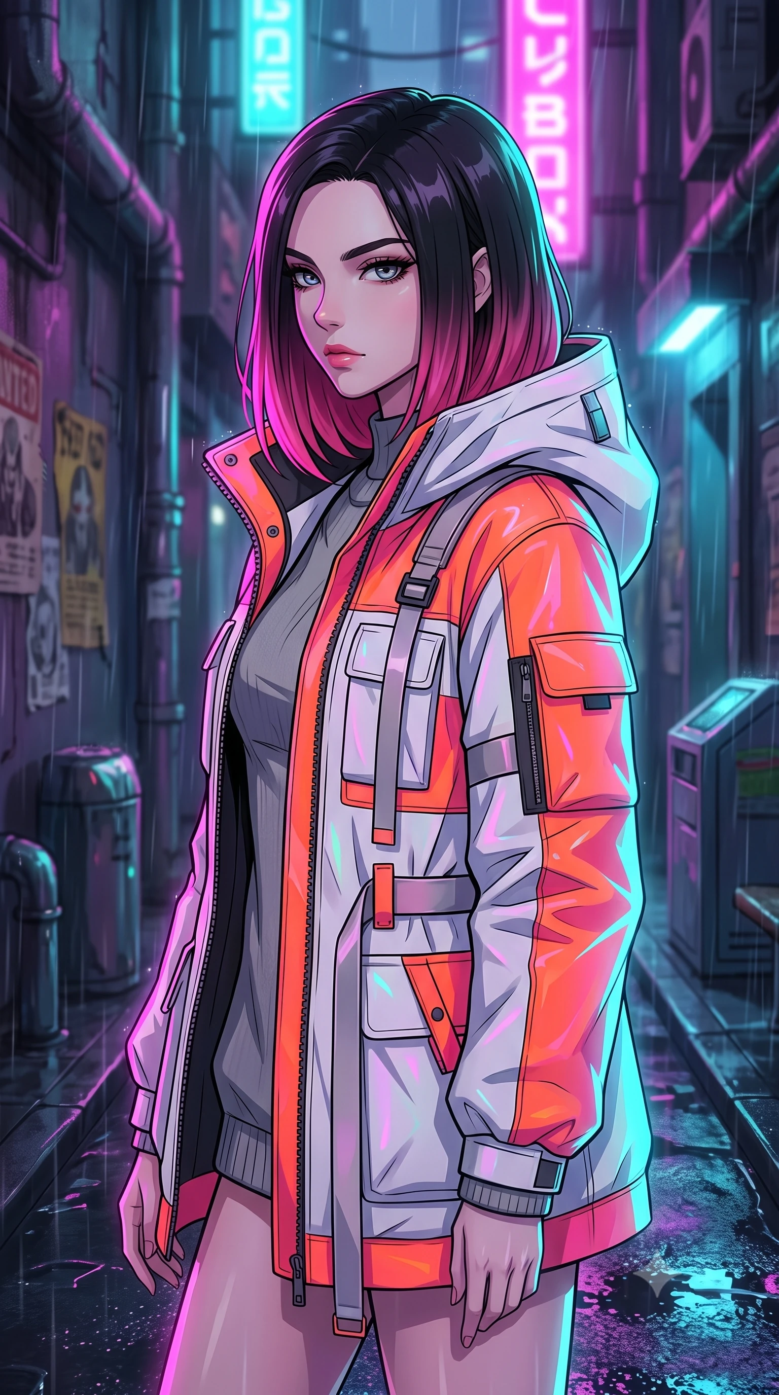 score_9, masterpiece, best quality, ultra-detailed, high-budget anime keyframe, tasteful artistic composition, Korean woman. close-up cowboy shot from the waist and thighs up, the character dominates the composition, filling the frame with her large presence, background elements kept in soft focus. turning her face in sharp profile, casting a cold, mysterious, yet intensely alluring side gaze, the background shows a soft-focus a private rain-slicked alleyway under flickering neon signs in a futuristic cityscape. She has an exceptionally elegant, slender, and willowy female figure with an ultra-slim waist, a gracefully sculpted slender torso, and a refined silhouette. sharp v-shaped jawline, high-bridge nose, intricate jewel-like eyes with depth, thick eyelashes, glossy lips with a natural sheen. wearing a tailored heavy polar-station parka in white and neon orange tech-fabric, over a grey utility sweater. vibrant magenta and cyan neon rim light casting sharp reflections on the wet asphalt. highly saturated vibrant anime colors, cel-shading, 2d style, master piece, 9:16 ratio