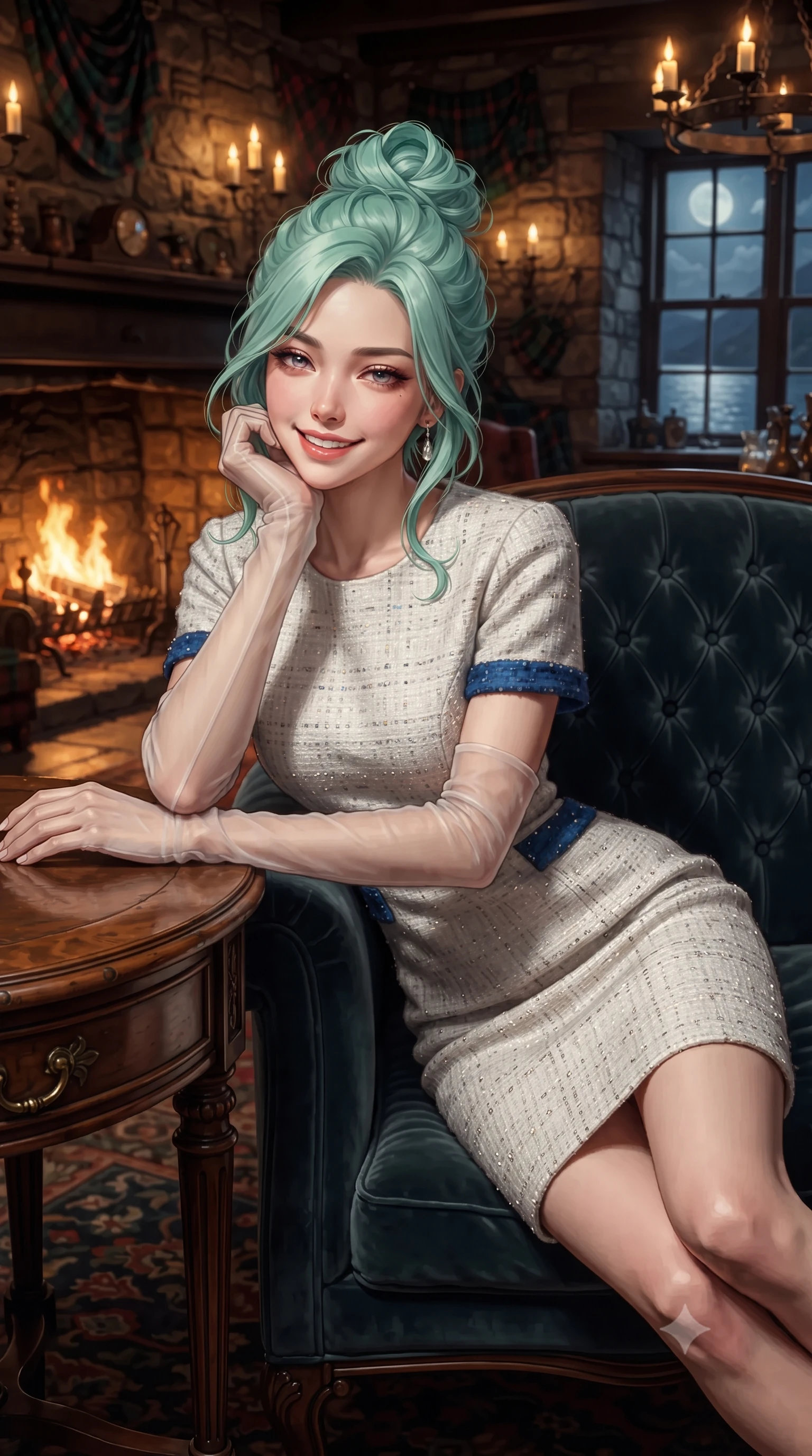 score_9, masterpiece, best quality, ultra-detailed, high-budget anime keyframe, editorial fashion photography, tasteful artistic composition, Japanese woman. close-up cowboy shot from the waist and thighs up, the character dominates the composition, filling the frame with her large presence. resting one elbow on the table and supporting her chin, leaning close to the camera with heavy-lidded sparkling eyes and parted lips while lounging gracefully across the high-backed tufted velvet settee propped on one elbow with legs extended, displaying her long slender limbs and statuesque hourglass silhouette with regal poise. The background shows a soft-focus flickering iron candelabra chandeliers, antique Scottish clan tartans on stone walls, and moonlit Loch Duich waters through mullioned windows blurred into amber, emerald, and peat bokeh. She has an exceptionally elegant, slender, and willowy female figure with an ultra-slim waist, flat toned midriff, narrow ribcage, and sculpted feminine hips creating an alluring, slim hourglass silhouette without bulk. sharp v-shaped jawline, high-bridge nose, intricate jewel-like sparkling eyes with depth, thick eyelashes, glossy parted lips with a natural peach sheen, bright cheerful beaming smile with an enchanting and coquettish sensual glint, exuding both youthful cute charm and seductive allure, flawlessly proportioned anatomical accuracy, strict slender model proportions, natural body alignment, perfectly sculpted long slender limbs, ultra-slim waistline, clean dynamic posture without body distortion. wearing an aristocratic French Normandy jacquard brocade shift dress with bracelet sleeves in Normandy Étretat alabaster chalk white and Atlantic cobalt, woven from structured British tweed with subtle metallic flecks, complemented by sheer opera-length evening gloves tracing her slender arms, the impeccably tailored cut draping gracefully along her slender figure with aristocratic poise. bathed in the warm radiant 2200K glow of the roaring stone fireplace mixed with soft tallow candle flame sconces. ultra-reflective glossy finish, specular highlights, rich textural contrasts, high-contrast stereoscopic depth, volumetric dynamic lighting, 2k, ultra detail, master piece, 9:16 ratio