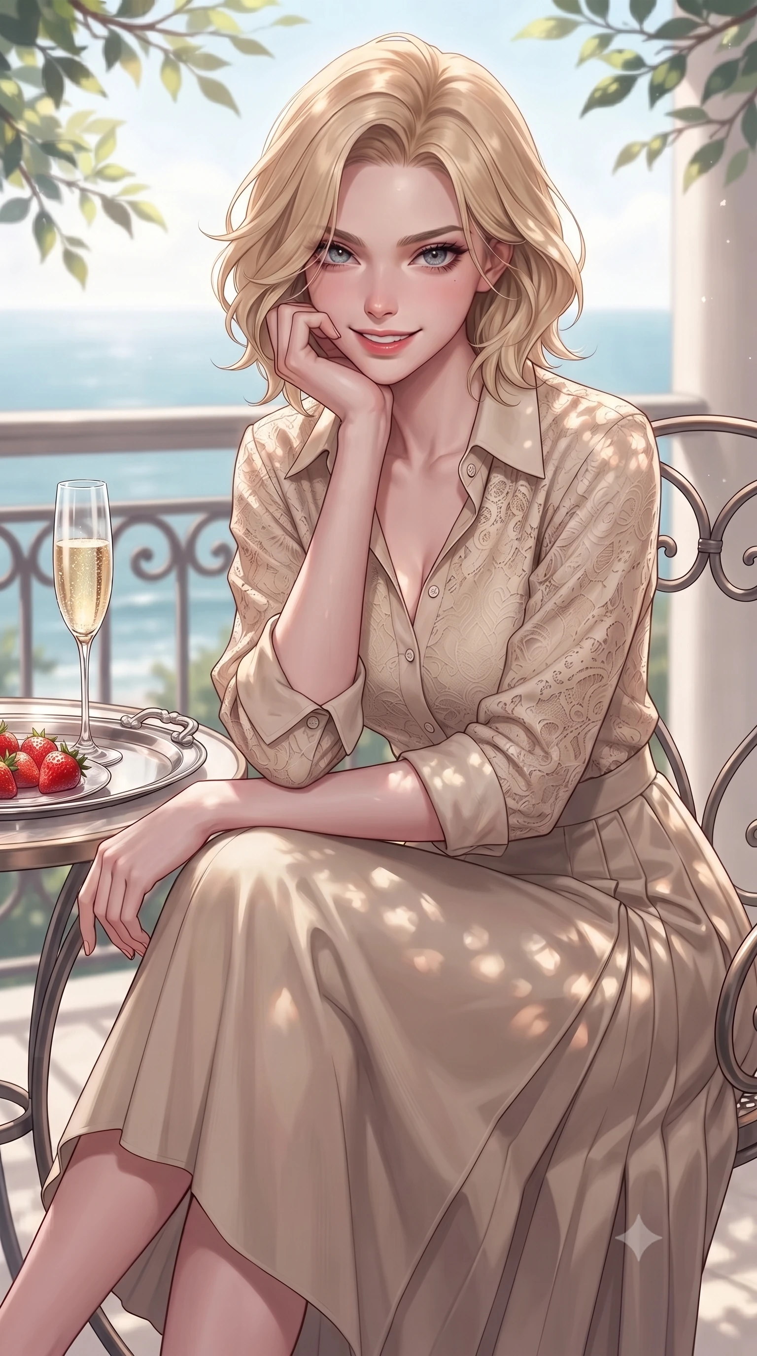 score_9, masterpiece, best quality, ultra-detailed, high-budget anime keyframe, editorial fashion photography, tasteful artistic composition, Caucasian woman. close-up cowboy shot from the waist and thighs up, the character dominates the composition, filling the frame with her large presence, background elements kept in soft focus. flashing a sweet yet tantalizing grin, resting her chin on the back of her hand with intense eye contact set against a soft-focus background of inside an exclusive oceanfront balcony with a crystal glass of sparkling champagne and fresh strawberries on a silver tray. She has an exceptionally elegant, slender, and willowy female figure with an ultra-slim waist, a gracefully sculpted slender torso, and a refined silhouette. sharp v-shaped jawline, high-bridge nose, intricate jewel-like eyes with depth, thick eyelashes, glossy lips with a natural sheen. wearing tailored warm beige delicate lace casual linen button-down shirt paired with a flowy pleated midi skirt featuring refined tailored seams. highlighted by dappled sunlight filtering through leafy branches, creating soft organic patterns. highly saturated vibrant anime colors, detailed shading with soft gradients, rich glossy textures, high-contrast stereoscopic depth, volumetric dynamic lighting, master piece, 9:16 ratio
