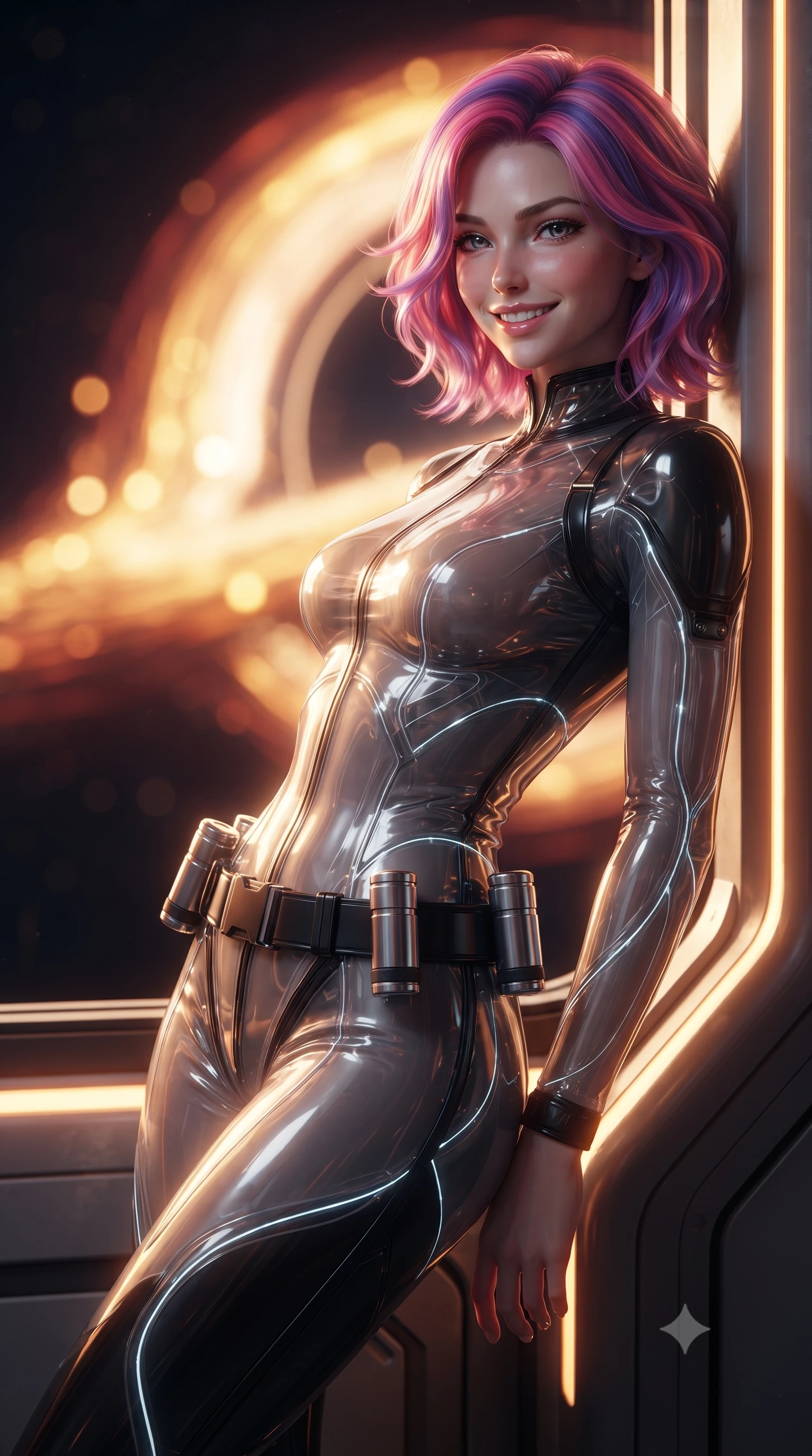 score_9, masterpiece, best quality, ultra-detailed, high-budget anime keyframe, editorial fashion photography, tasteful artistic composition, Caucasian woman. close-up cowboy shot from the waist and thighs up, the character dominates the composition, filling the frame with her large presence. leaning back against the glowing maintenance bulkhead with relaxed seductive grace, her flat midriff and narrow waist highlighted as laser ambient light traces her curves while standing poised at the edge of the reinforced observation window, arching her back as the colossal fiery accretion disk of the black hole swirls. The background shows a soft-focus the blinding golden and crimson swirling accretion disk around the pitch-black event horizon blurred into incandescent gold, ruby, and void bokeh. She has an exceptionally elegant, slender, and willowy female figure with an ultra-slim waist, flat toned midriff, narrow ribcage, and sculpted feminine hips creating an alluring, slim hourglass silhouette without bulk. sharp v-shaped jawline, high-bridge nose, intricate jewel-like sparkling eyes with depth, thick eyelashes, glossy parted lips with a natural sheen, bright confident smile with an enchanting and coquettish sensual glint, exuding both youthful magnetic charm and sovereign high-tech allure, flawlessly proportioned anatomical accuracy, strict slender model proportions, natural body alignment, perfectly sculpted long slender limbs, ultra-slim waistline, clean dynamic posture without body distortion. wearing a translucent high-gloss polymer flight suit with internal luminescent wire filigree and tailored waist cinching in liquid chrome silver and pitch black, formed from supple thermal silicone composite adhering seamlessly like a second skin, accented with a sleek utility belt with polished magnetic canisters resting loosely on her curvy hips, the liquid-tight tailored fabric clinging flawlessly to her narrow waist and rounded feminine hips, emphasizing every millimeter of her sculpted slim hourglass curves without any bulky heaviness. illuminated by cabin instrument fills and sharp molten-gold rim lights defining her razor-sharp jawline, narrow waist, and curvy hips. ultra-reflective glossy finish, specular highlights, rich textural contrasts, high-contrast stereoscopic depth, volumetric dynamic lighting, 2k, ultra detail, master piece, 9:16 ratio