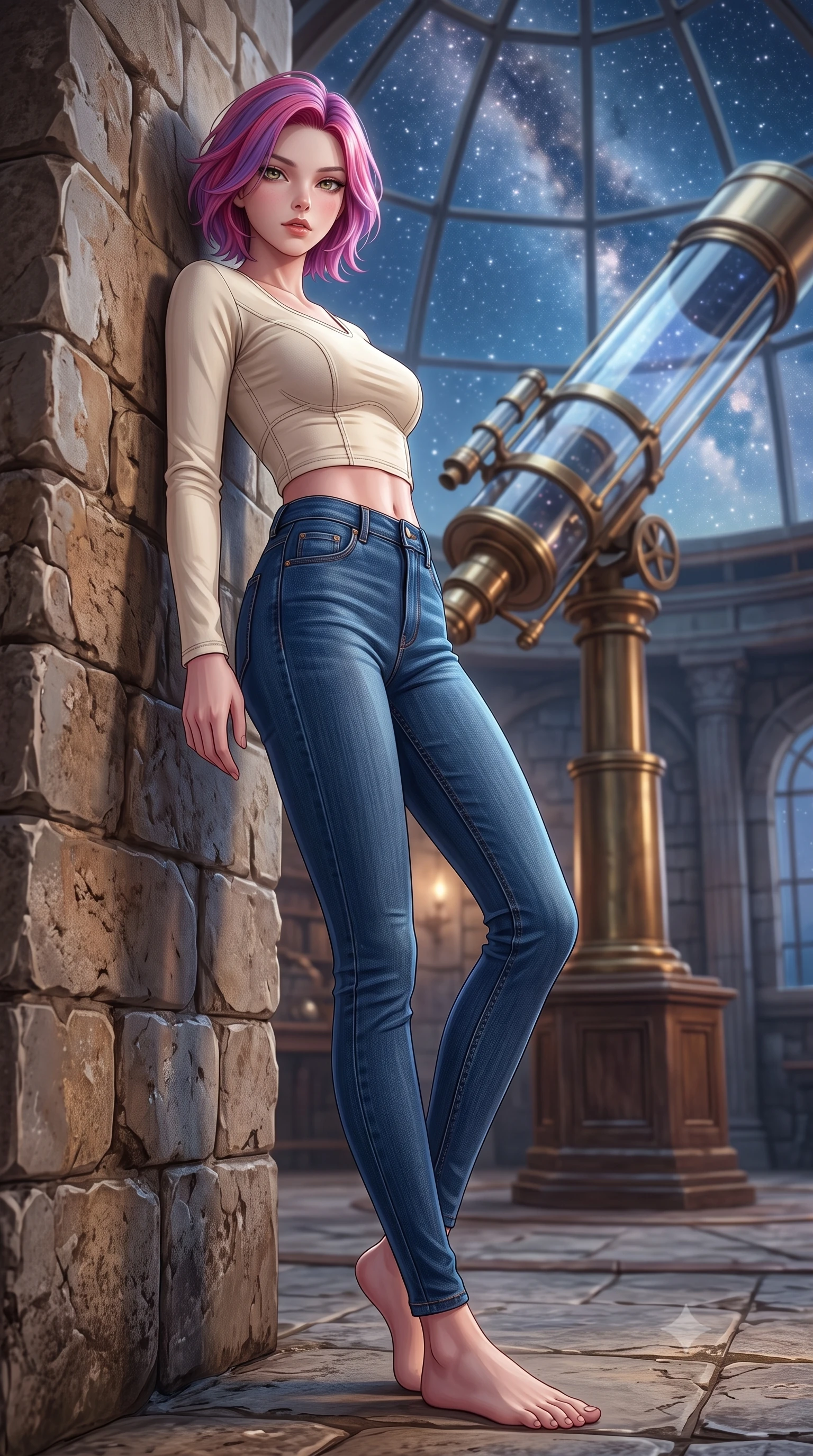 score_9, masterpiece, best quality, ultra-detailed, high-budget anime keyframe, editorial fashion photography, tasteful artistic composition, Caucasian woman. low angle full-body shot from head to toe showing her feet, filling the entire 9:16 vertical frame with her statuesque presence, stretching her vertical silhouette. leaning back against a rustic stone wall, casting a slow, alluring gaze at the camera the background shows a soft-focus a grand celestial observatory dome with a giant telescope under a starry galaxy sky. She has an absolutely perfect, statuesque 8.5-heads proportion, an exceptionally tall and slender model-like female figure with impossibly long slender legs and an ultra-slim waist. sharp v-shaped jawline, high-bridge nose, intricate jewel-like eyes with depth, thick eyelashes, glossy lips with a natural sheen. wearing a tailored body-hugging long-sleeve crop top in cream cotton paired with high-waisted skinny jeans. opal silver starlight filtering through the glass dome, creating a cosmic glow. highly saturated vibrant anime colors, detailed shading with soft gradients, rich glossy textures, high-contrast stereoscopic depth, volumetric dynamic lighting, master piece, 9:16 ratio