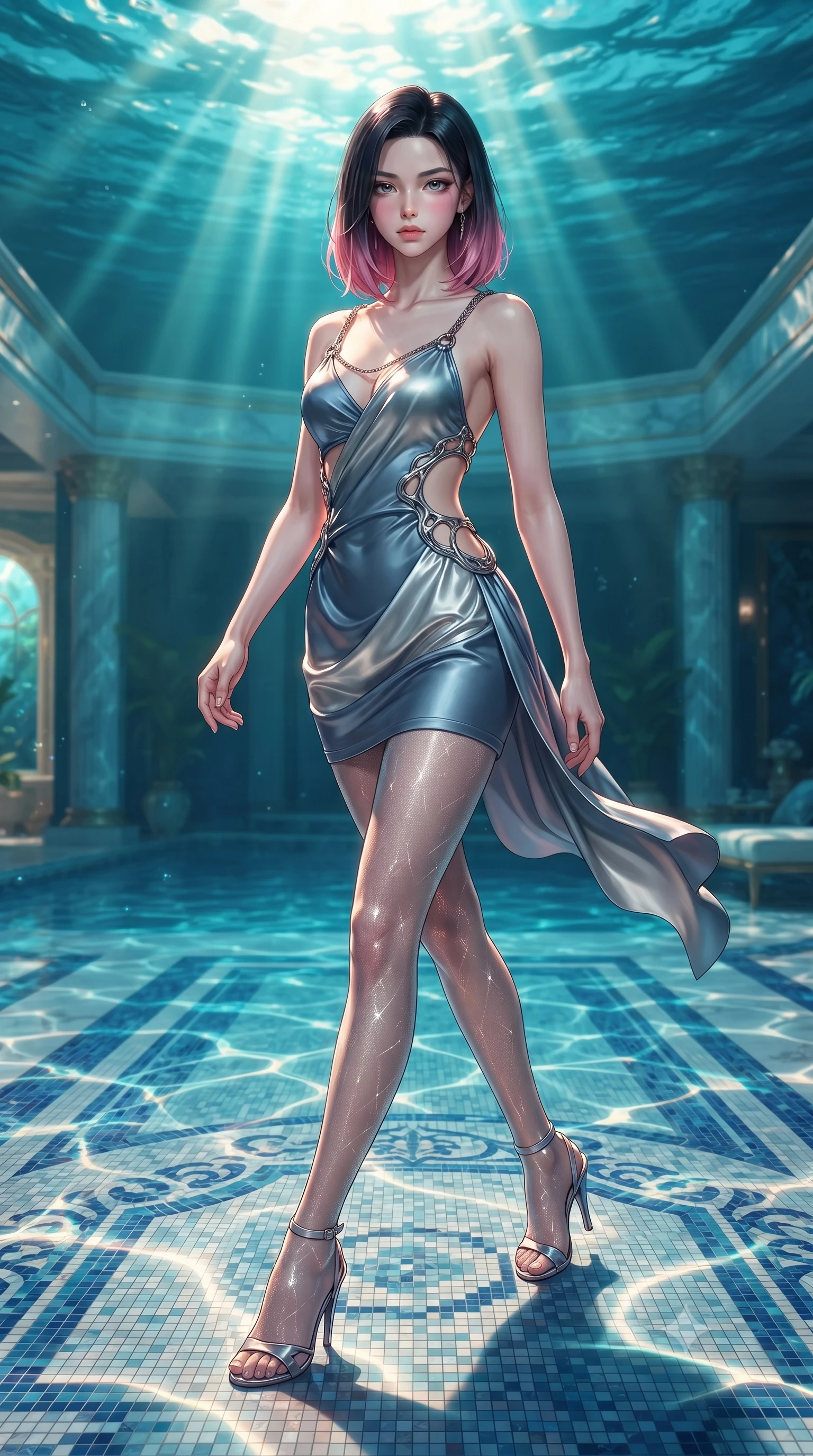 score_9, masterpiece, best quality, ultra-detailed, high-budget anime keyframe, editorial fashion photography, tasteful artistic composition, Korean woman. low angle full-body shot from head to toe showing her feet, filling the entire 9:16 vertical frame with her statuesque presence, stretching her vertical silhouette. forging dynamically through the scene, her vertical silhouette beautifully stretched gliding over a mosaic marble floor illuminated by caustic water ripples, golden sunbeams penetrating deep turquoise water creating caustic light patterns. She has an absolutely perfect, statuesque 8.5-heads proportion, an exceptionally tall and slender model-like female figure with impossibly long slender legs and an ultra-slim waist. sharp v-shaped jawline, high-bridge nose, intricate jewel-like eyes with depth, thick eyelashes, glossy lips with a natural sheen. wearing a dramatic open-waist cutout mini dress framed by sculptural hardware in slate blue and metallic silver, crafted from lustrous satin jersey with fluid draping, adorned with delicate metallic chain straps along the neckline, the elegant draped fit framing her graceful clavicle and slender torso. lit by clear sun-drenched sea light with soft ethereal shadows. highly saturated vibrant anime colors, detailed shading with soft gradients, rich glossy textures, high-contrast stereoscopic depth, volumetric dynamic lighting, master piece, 9:16 ratio