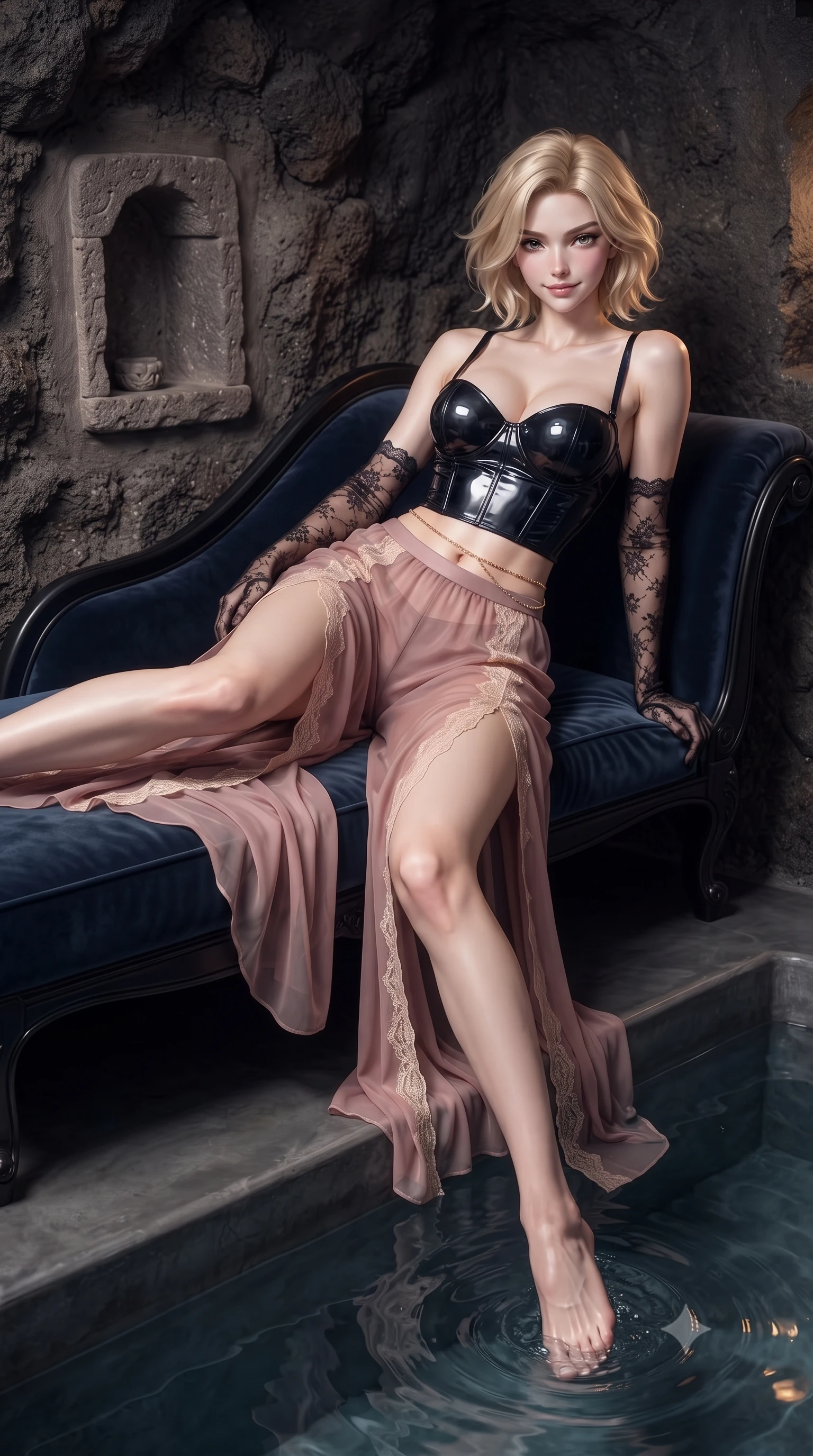 score_9, masterpiece, best quality, ultra-detailed, high-budget anime keyframe, editorial fashion photography, tasteful artistic composition, Caucasian woman. low angle full-body shot from head to toe showing her feet, filling the entire 9:16 vertical frame with her statuesque presence, stretching her vertical silhouette. reclining gracefully across the plush chaise lounge with one leg extended, her sculpted silhouette and flat midriff radiating magnetic nocturnal glamour while sitting poised on the volcanic stone rim of the heated cave pool with legs dipped in the water, arching her spine with breathtaking siren poise. The surrounding environment is rendered in vivid detail and crisp panoramic clarity: detailed wet-look liquid satin slip cling, gold waist chain shine, and Santorini cave suite architecture in razor-sharp precision. She has an absolutely perfect, statuesque 8.5-heads proportion, an exceptionally tall and slender model-like female figure with impossibly long slender legs, an ultra-slim waist, a flat toned midriff, narrow delicate ribcage, and beautifully sculpted feminine hips creating a graceful, slim hourglass silhouette without any bulky heaviness. sharp v-shaped jawline, high-bridge nose, sparkling eyes with hypnotic seductive depth, thick curled eyelashes, glossy parted lips with a natural dewy peach sheen, alluring bedroom-eyes with an enchanting coquettish smile, exuding magnetic siren charisma and sophisticated glamour, flawlessly proportioned anatomical accuracy, strict slender model proportions, natural body alignment, perfectly sculpted long slender limbs, ultra-slim waistline, clean dynamic posture without body distortion. wearing a wet-look form-fitting vinyl bustier paired with sheer chiffon high-slit wide-leg trousers in dusky blush pink and warm ivory lace, made of sheer gossamer chiffon that drapes softly against skin with airy translucence, complemented by sheer opera-length lace evening gloves tracing her slender arms, the glove-like clinging cut tightly following the natural contour of her hips and long slender legs with youthful 8.5-heads elegance. illuminated by aquatic reflection caustics and sharp platinum-gold rim lights sculpting her razor-sharp jawline, narrow waist, and curvy hips. ultra-reflective glossy finish, specular highlights, rich textural contrasts, high-contrast stereoscopic depth, volumetric dynamic lighting, 2k, ultra detail, master piece, 9:16 ratio