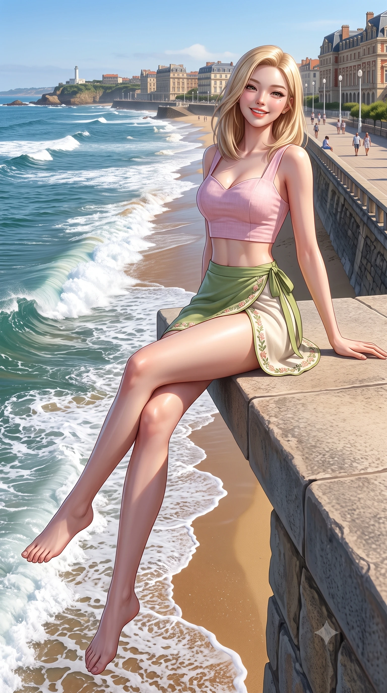 score_9, masterpiece, best quality, ultra-detailed, high-budget anime keyframe, semi-realistic 3D game render, editorial fashion photography, tasteful artistic composition, Korean woman. low angle full-body shot from head to toe showing her feet, filling the entire 9:16 vertical frame with her statuesque presence, stretching her vertical silhouette. sitting perched on the elevated edge with legs crossed and hips angled toward the camera, displaying her toned midriff and long slender limbs with a joyful, coquettish smile while striding along the grand oceanfront promenade, arching her back with an infectious, wind-kissed smile as Atlantic waves crash on golden sand. The surrounding environment is rendered in vivid detail and crisp panoramic clarity. detailed resort wear weave, coastal sun specular highlights on skin, and Biarritz coastline in high resolution. She has an exceptionally tall and slender model-like 8.5-heads proportion, an ultra-slim waist, a flat toned midriff, narrow delicate ribcage, and beautifully sculpted feminine hips creating a graceful, slim hourglass silhouette without any bulky heaviness, with impossibly long slender legs. sharp v-shaped jawline, high-bridge nose, intricate jewel-like sparkling eyes with depth, thick eyelashes, glossy parted lips with a natural peach sheen, bright cheerful beaming smile with an enchanting and coquettish sensual glint, exuding both youthful cute charm and seductive allure, flawlessly proportioned anatomical accuracy, strict slender model proportions, natural body alignment, perfectly sculpted long slender limbs, ultra-slim waistline, clean dynamic posture without body distortion. wearing a sweetheart-neckline baby-pink crop top with a high-slit wrap mini skirt accentuating her waist-to-hip curve in matcha green and warm ivory, crafted from soft breathable linen with effortless natural drape, complemented by delicate embroidered floral trim along the hem, the form-fitting cut adhering flawlessly to her sculpted flat midriff and slender torso, emphasizing her long leg lines and perfectly proportioned willowy build. illuminated by sparkling sea foam reflections sharply sculpting her razor-sharp jawline, narrow waist, and curvy hips. highly saturated vibrant anime colors, detailed shading with soft gradients, rich glossy textures, high-contrast stereoscopic depth, volumetric dynamic lighting, master piece, 9:16 ratio