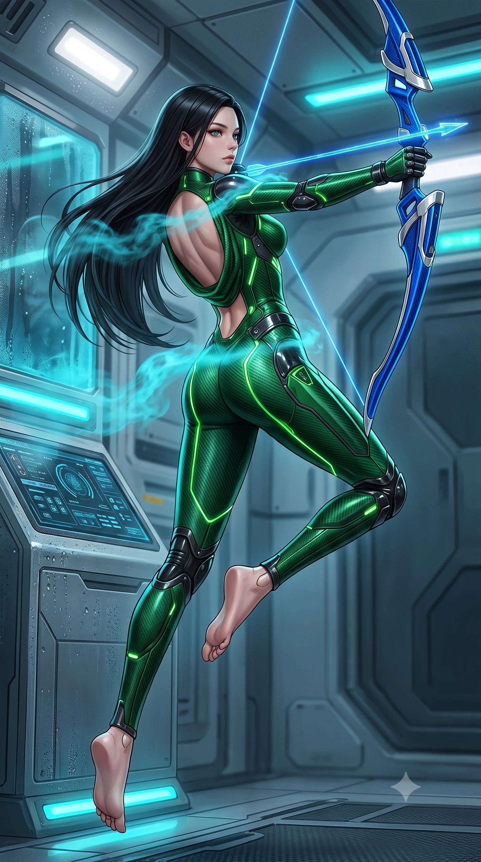 score_9, masterpiece, best quality, ultra-detailed, high-budget anime keyframe, semi-realistic 3D game render, editorial fashion photography, tasteful artistic composition, Korean woman. low angle full-body shot from head to toe showing her feet, filling the entire 9:16 vertical frame with her statuesque presence, stretching her vertical silhouette. arching her spine in a fluid zero-gravity combat turn with sovereign grace, her long slender legs and sculpted torso creating a sweeping line of power while stretching her slender torso in an alluring S-curve as cyan cryo-mist billows gracefully around her bare shoulders and waist. The surrounding environment is rendered in vivid detail and crisp panoramic clarity. detailed cryo-pod control interfaces, condensation beads, and carbon suit thermal seams in high resolution. She has an absolutely perfect, statuesque 8.5-heads proportion, an exceptionally tall and slender model-like female figure with impossibly long slender legs, a toned flat midriff, and an ultra-slim waist. sharp v-shaped jawline, high-bridge nose, intricate jewel-like eyes with depth, thick eyelashes, glossy lips with a natural sheen, flawlessly proportioned anatomical accuracy, strict slender model proportions, natural body alignment, perfectly sculpted long slender limbs, ultra-slim waistline, clean dynamic posture without body distortion. wearing a tailored emerald-green carbon-fiber tactical jumpsuit with glowing lime LED channels and an open cowl back, drawing a floating holographic photon energy bow with supreme grace in electric cobalt blue carbon with polished platinum trim, formed from high-gloss patent carbon-plating with specular chiaroscuro reflections, finished with high-mobility articulation joints and miniature magnetic armor locks, the form-contouring material adhering flawlessly to her sculpted flat midriff and slender torso, emphasizing her long leg lines and perfectly proportioned willowy build. bathed in glowing cyan cryo-energy spear radiance and cool white emergency strobe lighting. rich saturated anime colors with glowing neon highlights, detailed shading with soft gradients, rich glossy textures, high-contrast stereoscopic depth, volumetric dynamic lighting, master piece, 9:16 ratio