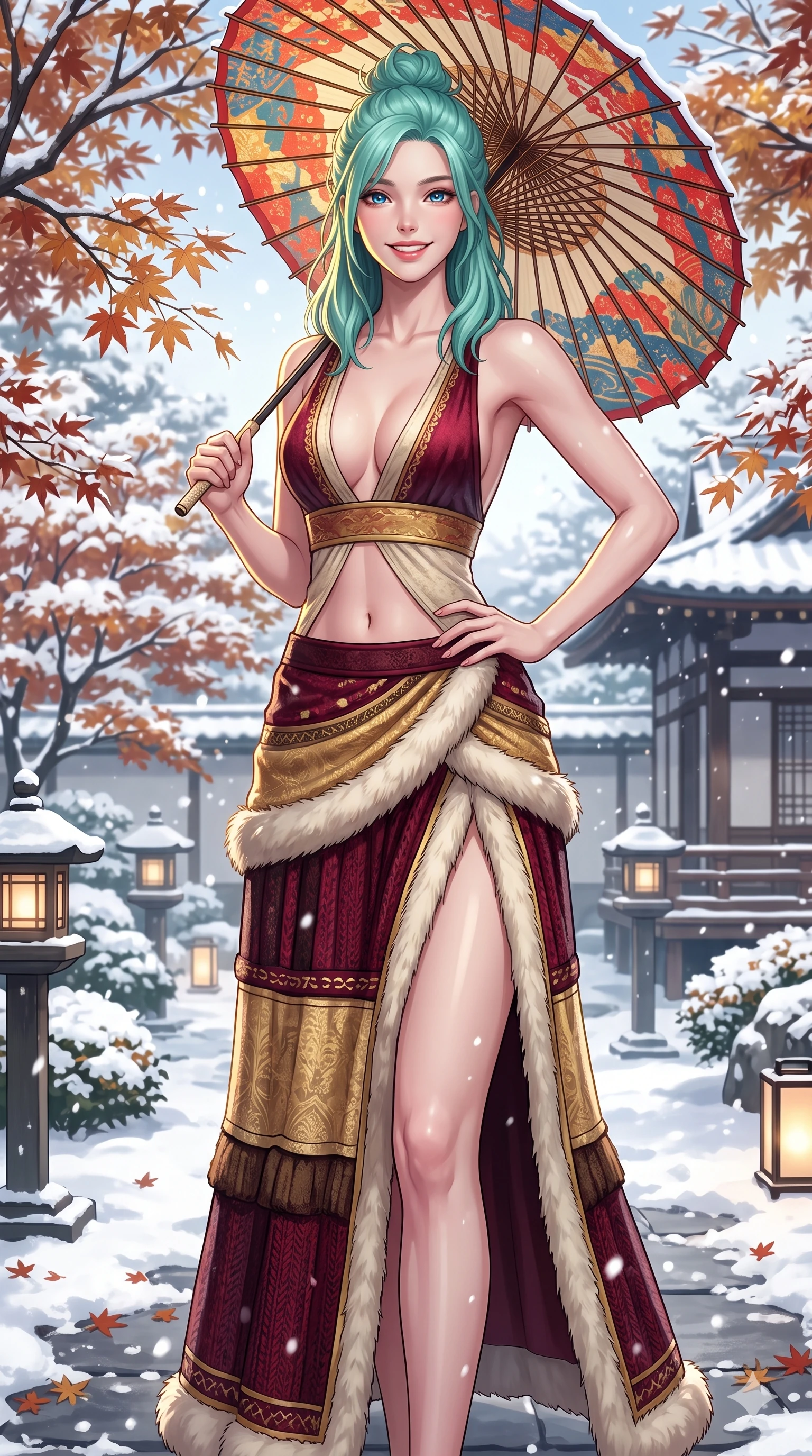 score_9, masterpiece, best quality, ultra-detailed, high-budget anime keyframe, vibrant anime aesthetic, Japanese woman. cowboy shot from the thighs up, character and outfit filling the frame for maximum presence. She is holding a parasol with a bright, charming smile, looking directly at the lens in winter standing under maples in a garden courtyard (Code-P21-093). She has an absolutely perfect 8-heads proportion, an exceptionally tall and slender female figure with impossibly long slender legs and an ultra-slim waist. V-shaped jawline, high-bridge nose, intricate jewel-like eyes with depth, thick eyelashes, glossy lips with a natural sheen. wearing a plunging neckline top with exposed waist and high-slit skirt in winter snow. She is bathed in brilliant, high-contrast winter sunlight with a single golden line tracing her profile. 2k, ultra detail, master piece, 9:16 ratio