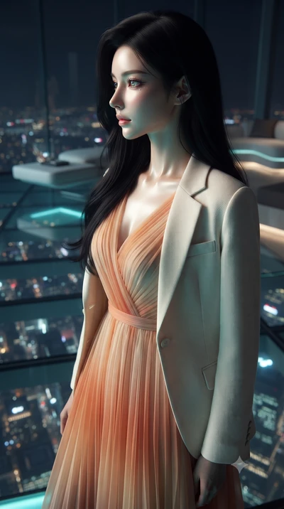 score_9, masterpiece, best quality, ultra-detailed, high-budget anime keyframe, editorial fashion photography, tasteful artistic composition, Korean woman. close-up cowboy shot from the waist and thighs up, the character dominates the composition, fi