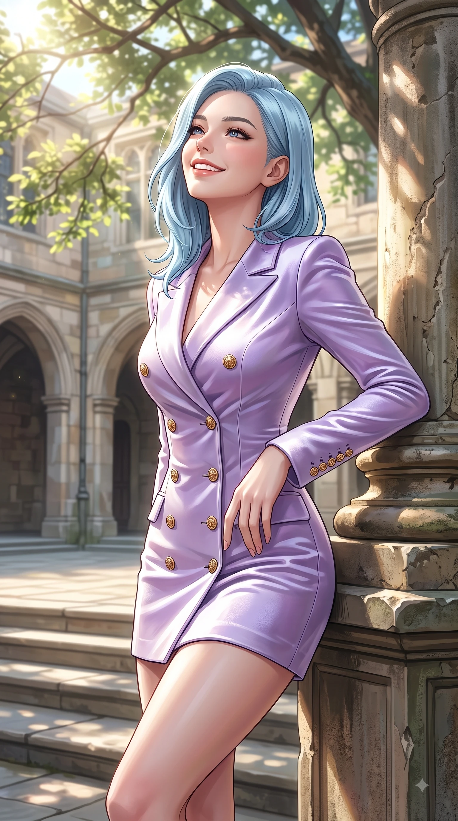 score_9, masterpiece, best quality, ultra-detailed, high-budget anime keyframe, editorial fashion photography, tasteful artistic composition, Korean woman. close-up cowboy shot from the waist and thighs up, the character dominates the composition, filling the frame with her large presence. Tilting her chin up with a sweet beaming smile of pure delight while balancing dynamically amidst the scene while leaning against an antique stone pillar in a sun-drenched university quadrangle. The surrounding environment is rendered in vivid detail and crisp panoramic clarity. bright spring sunbeams illuminating campus stone steps with clear environmental sharpness. She has an exceptionally elegant, slender, and willowy female figure with an ultra-slim waist, a gracefully sculpted slender torso, and a refined silhouette. sharp v-shaped jawline, high-bridge nose, intricate jewel-like eyes with depth, thick eyelashes, glossy lips with a natural sheen, flawlessly proportioned anatomical accuracy, natural body alignment, perfectly sculpted elegant limbs, clean dynamic posture without body distortion. wearing a sleek double-breasted blazer dress with gold button accents in soft lavender violet and pearl white, made of lustrous stretch velvet, adorned with delicate gold buttons along the front, the glove-like fit emphasizing her statuesque silhouette during motion. bathed in brilliant sunny morning light filtering through tree canopies. highly saturated vibrant anime colors, detailed shading with soft gradients, rich glossy textures, high-contrast stereoscopic depth, volumetric dynamic lighting, master piece, 9:16 ratio