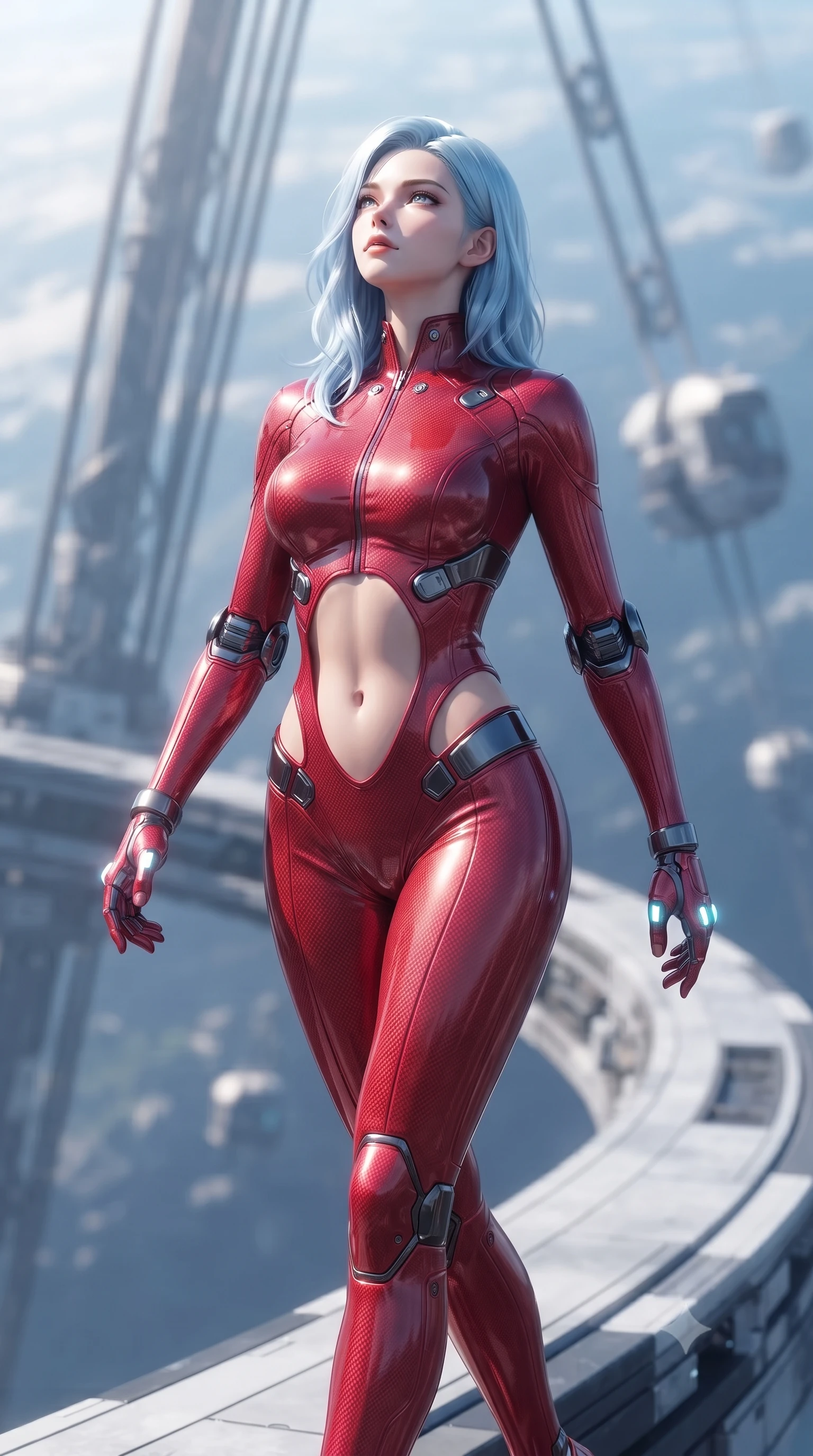 score_9, masterpiece, best quality, ultra-detailed, high-budget anime keyframe, editorial fashion photography, tasteful artistic composition, Korean woman. close-up cowboy shot from the waist and thighs up, the character dominates the composition, filling the frame with her large presence. tilting her head back with serene warrior composure, her sharp jawline and sculpted collarbones highlighted by glowing neon kinetic knuckles while striding gracefully along the outer perimeter ring with arms held in loose, relaxed Panzer Kunst mastery. The composition keeps background elements in soft focus with creamy bokeh. massive space elevator cable arrays and transit pods softened in smooth atmospheric depth. She has an exceptionally elegant, slender, and willowy female figure with an ultra-slim waist, a gracefully sculpted slender torso, toned flat midriff, and a refined slim silhouette. sharp v-shaped jawline, high-bridge nose, intricate jewel-like eyes with depth, thick eyelashes, glossy lips with a natural sheen, flawlessly proportioned anatomical accuracy, strict slender model proportions, natural body alignment, perfectly sculpted long slender limbs, ultra-slim waistline, clean dynamic posture without body distortion. wearing a skin-tight crimson carbon-weave battle-suit with metallic dark chrome elbow dampers and hip-accentuating cutouts in molten amber-gold carbon cuirass with dark titanium weave, made of lightweight aerodynamic carbon-titanium alloy with polished edge bevels, detailed with magnetic knuckle shock-absorbers and polished chrome articulation joints, the form-contouring material adhering flawlessly to her sculpted flat midriff and slender torso, emphasizing her long leg lines and perfectly proportioned willowy build. bathed in dazzling high-noon orbital sunlight and rich blue Earth ambient bounce light. ultra-reflective glossy finish, specular highlights, dark metallic sheen, high-contrast stereoscopic depth, volumetric dynamic lighting, 2k, ultra detail, master piece, 9:16 ratio