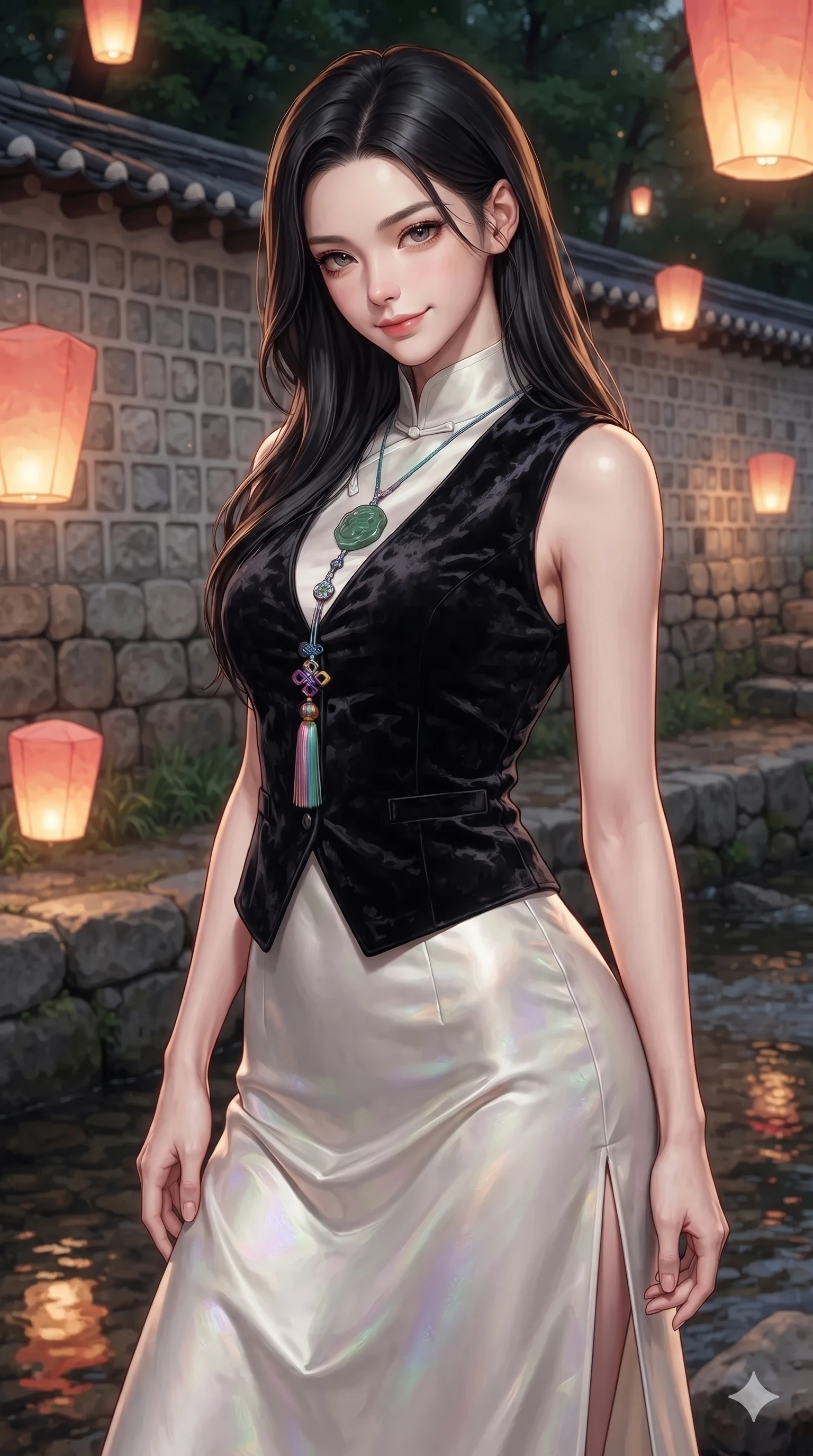 score_9, masterpiece, best quality, ultra-detailed, high-budget anime keyframe, editorial fashion photography, tasteful artistic composition, Korean woman. close-up cowboy shot from the waist and thighs up, the character dominates the composition, filling the frame with her large presence. tilting her head with a teasing half-smile, running one hand slowly down the side of her hip in a flirtatious S-curve as ambient light caresses her silhouette while twisting her slender torso in an alluring contrapposto stance, floating paper lanterns casting warm coral and gold highlights across her curves. The surrounding environment is rendered in vivid detail and crisp panoramic clarity: detailed wet-look vinyl bustier tailoring, sheer chiffon wrap trousers, and traditional stone masonry in razor-sharp precision. She has an exceptionally elegant, slender, and willowy female figure with an ultra-slim waist, flat toned midriff, narrow ribcage, and sculpted feminine hips creating an alluring, slim hourglass silhouette without bulk. sharp v-shaped jawline, high-bridge nose, sparkling eyes with hypnotic seductive depth, thick curled eyelashes, glossy parted lips with a natural dewy peach sheen, alluring bedroom-eyes with an enchanting coquettish smile, exuding magnetic siren charisma and sophisticated glamour, flawlessly proportioned anatomical accuracy, strict slender model proportions, natural body alignment, perfectly sculpted long slender limbs, ultra-slim waistline, clean dynamic posture without body distortion. wearing an aristocratic black velvet baeja vest worn over a tailored high-neck ivory silk maxi dress in iridescent mother-of-pearl and misty lavender, tailored from crushed dark velvet with deep light-absorbing plush texture, finished with authentic carved jade pendants and traditional norigae knots, the bespoke structured tailoring following the natural line of her 8.5-heads silhouette with refined elegance. illuminated by stream water bounce and sharp golden-amber rim lights sculpting her razor-sharp jawline, narrow waist, and curvy hips. ultra-reflective glossy finish, specular highlights, rich textural contrasts, high-contrast stereoscopic depth, volumetric dynamic lighting, 2k, ultra detail, master piece, 9:16 ratio