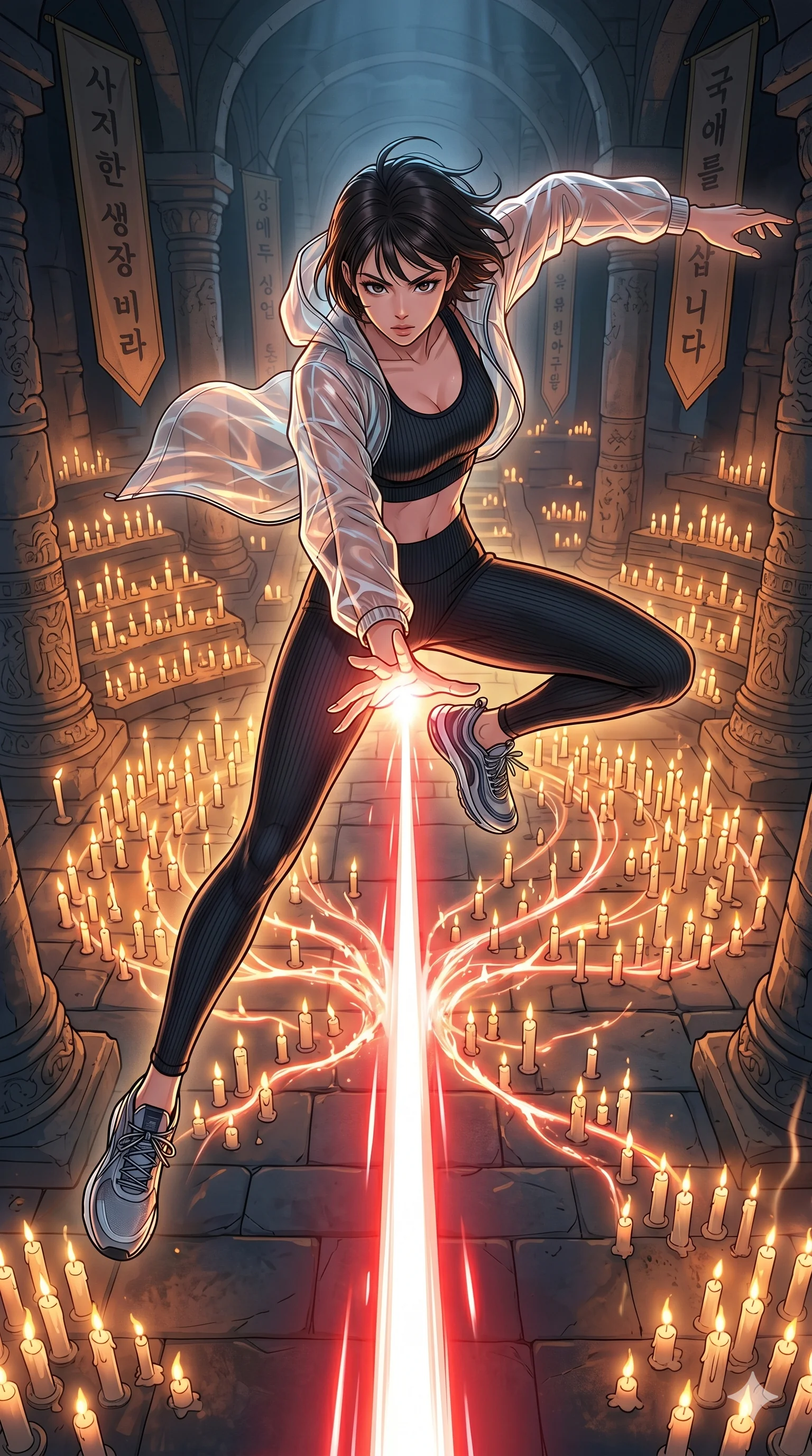 score_9, masterpiece, best quality, ultra-detailed, high-budget anime movie keyframe, cinematic anime lighting, intricate line art, Korean anime girl. Extreme high angle shot as she leaps towards the camera, filling the frame. manipulating the light of a thousand candles to form a laser. She has an absolutely perfect 8-heads proportion, an exceptionally tall and slender female figure with an ultra-slim waist and impossibly long slender legs. strictly human anatomy, two legs only, no extra limbs, clearly defined legs and arms, perfect anatomy, perfect hands and fingers. sharp v-shaped jawline, high-bridge nose, intricate jewel-like eyes, thick eyelashes, glossy lips. Wearing Premium Athleisure: Ribbed sports bra and leggings set, sheer windbreaker, and sleek high-performance activewear. The scene is illuminated by dramatic atmospheric lighting and vibrant color palettes. , 2k, ultra detail, master piece, 9:16 ratio