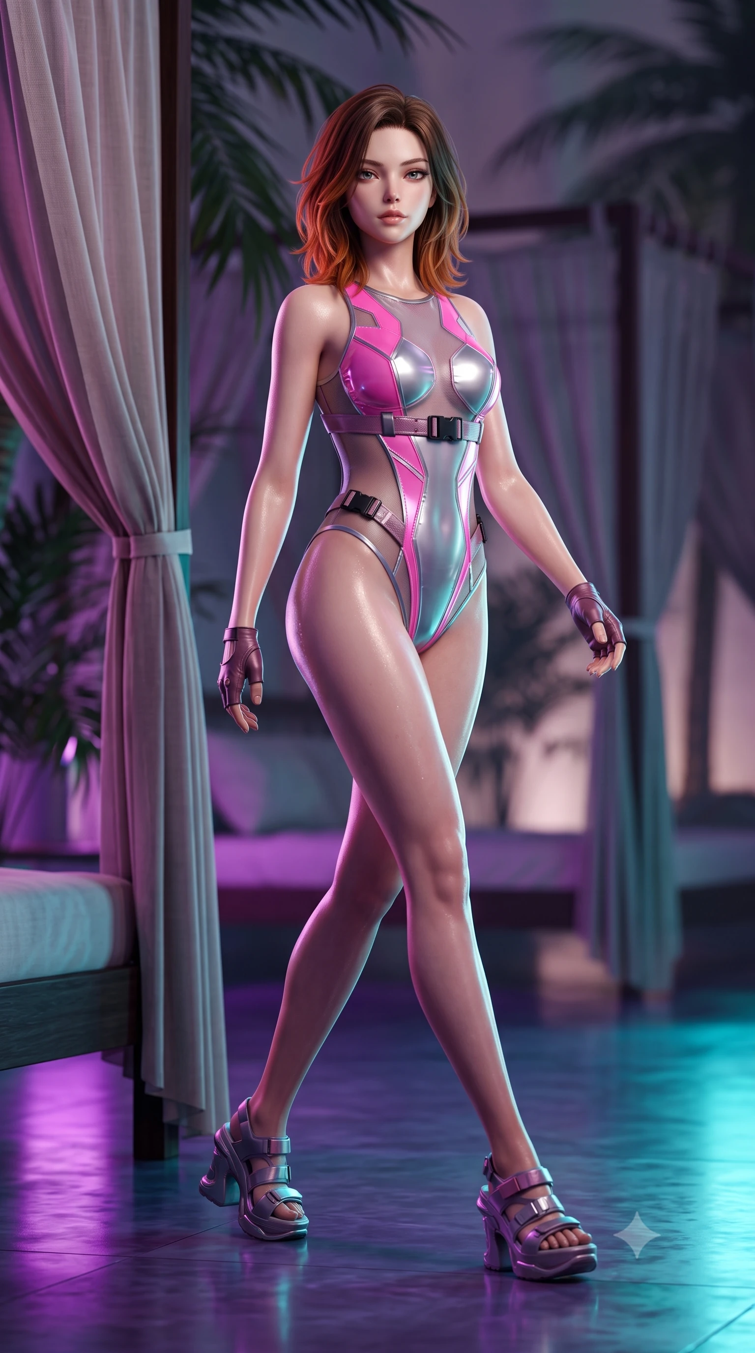 score_9, masterpiece, best quality, ultra-detailed, high-budget anime keyframe, semi-realistic 3D game render, editorial fashion photography, tasteful artistic composition, Korean woman. low angle full-body shot from head to toe showing her feet, filling the entire 9:16 vertical frame with her statuesque presence, stretching her vertical silhouette. striding forward in a proud supermodel runway stride, hips swaying in an alluring kinetic rhythm that accentuates her curvy hourglass silhouette while lounging in a private VIP cabana bed propped on one hip, parted lips glistening as purple and cyan neon reflections wash over her body. The composition keeps background elements in soft focus with creamy bokeh. sheer cabana drapes and tropical palm silhouettes softened in moody shallow focus. She has an absolutely perfect, statuesque 8.5-heads proportion, an exceptionally tall and slender model-like female figure with impossibly long slender legs, a toned flat midriff, an ultra-slim waist, and beautifully sculpted feminine hips. sharp v-shaped jawline, high-bridge nose, intricate jewel-like eyes with depth, thick eyelashes, glossy parted lips with a natural sheen, intensely captivating and seductive bedroom-eyes expression, flawlessly proportioned anatomical accuracy, strict slender model proportions, natural body alignment, perfectly sculpted long slender limbs, ultra-slim waistline, clean dynamic posture without body distortion. wearing a high-mobility athletic monokini with sheer mesh side contours and tactical buckle belt in bright cyber pink and chrome silver, made of semi-translucent cybernetic vinyl with glowing micro-filaments, accessorized with bold platform sandals and fingerless leather gloves, the form-contouring material adhering flawlessly to her sculpted flat midriff and slender torso, emphasizing her long leg lines and perfectly proportioned willowy build. illuminated by wet specular bounce lights accentuating her feminine waist-to-hip hourglass contour. highly saturated vibrant anime colors, detailed shading with soft gradients, rich glossy textures, high-contrast stereoscopic depth, volumetric dynamic lighting, master piece, 9:16 ratio