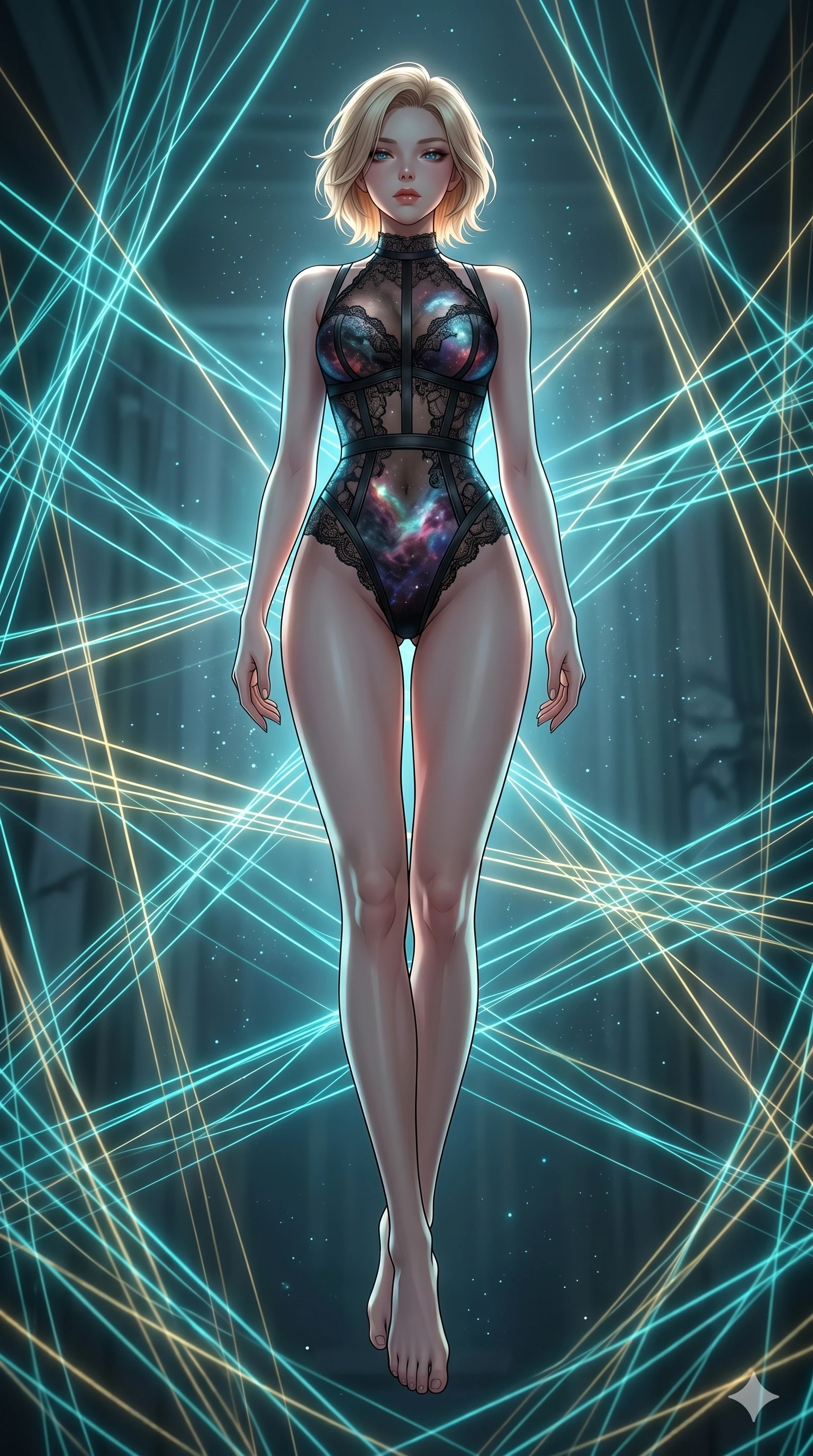 score_9, masterpiece, best quality, ultra-detailed, high-budget anime keyframe, Korean woman. low angle full-body shot filling the entire 9:16 frame with her statuesque presence, stretching the vertical silhouette. floating suspended in an ethereal loom room where millions of luminescent cyan and gold threads intersect and weave geometric patterns. She has an absolutely perfect 8-heads proportion, an exceptionally tall and slender female figure with impossibly long slender legs and an ultra-slim waist. V-shaped jawline, high-bridge nose, intricate jewel-like eyes with depth, thick eyelashes, glossy lips with a natural sheen.. wearing a gothic nebula lace bodysuit, featuring a sheer black lace bodysuit with cosmic nebula patterns, reinforced by matte leather straps. illuminated by dramatic chiaroscuro casting soft shadows along her curves, with vibrant backlighting highlighting the dust particles. 2k, ultra detail, master piece, 9:16 ratio