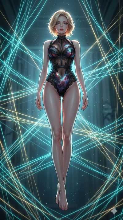 score_9, masterpiece, best quality, ultra-detailed, high-budget anime keyframe, Korean woman. low angle full-body shot filling the entire 9:16 frame with her statuesque presence, stretching the vertical silhouette. floating suspended in an ethereal l