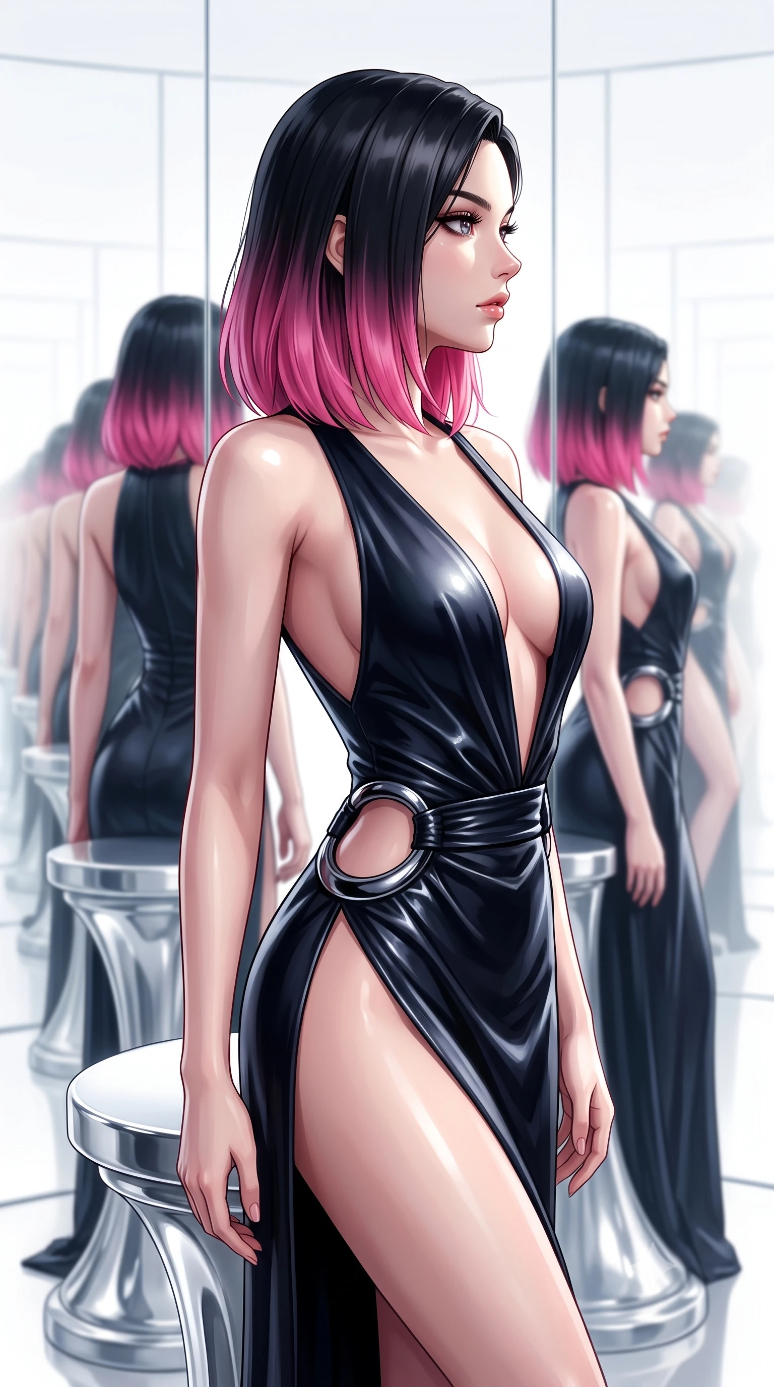 score_9, masterpiece, best quality, ultra-detailed, high-budget anime keyframe, editorial fashion photography, tasteful artistic composition, Korean woman. close-up cowboy shot from the waist and thighs up, the character dominates the composition, filling the frame with her large presence, background elements kept in soft focus. Turning her face in sharp dramatic profile against the key light, poised on a platinum pedestal as infinite mirror reflections repeat into white space, infinite mirror reflections repeating her statuesque 8.5-heads proportion into distance. She has an exceptionally elegant, slender, and willowy female figure with an ultra-slim waist, a gracefully sculpted slender torso, and a refined silhouette. sharp v-shaped jawline, high-bridge nose, intricate jewel-like eyes with depth, thick eyelashes, glossy lips with a natural sheen. wearing deep plunging V-neckline midnight gown with daring high thigh slit in deep emerald green, made of polished black leather, accented with sculpted obsidian chrome rings at the waist, contouring every curve with an exceptionally elegant silhouette. bathed in high-contrast specular reflections against bright mirror space. highly saturated vibrant anime colors, detailed shading with soft gradients, rich glossy textures, high-contrast stereoscopic depth, volumetric dynamic lighting, master piece, 9:16 ratio