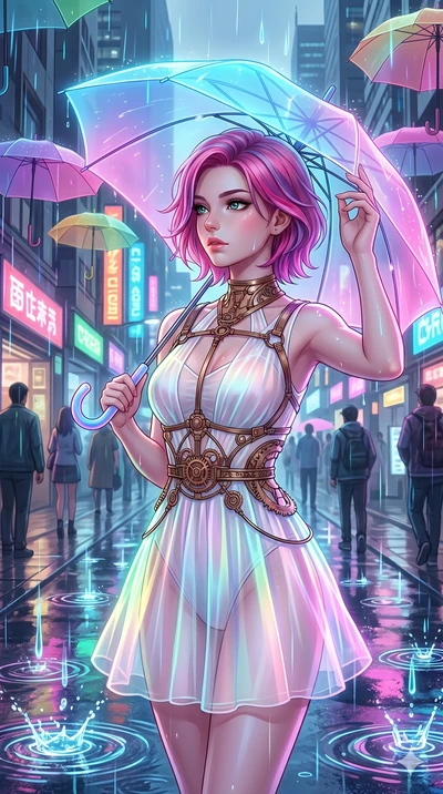 score_9, masterpiece, best quality, ultra-detailed, high-budget anime keyframe, Caucasian woman, strictly human ears. upper body close-up from the thighs up, character filling the screen for maximum presence. navigating a wet neon-lit future street u