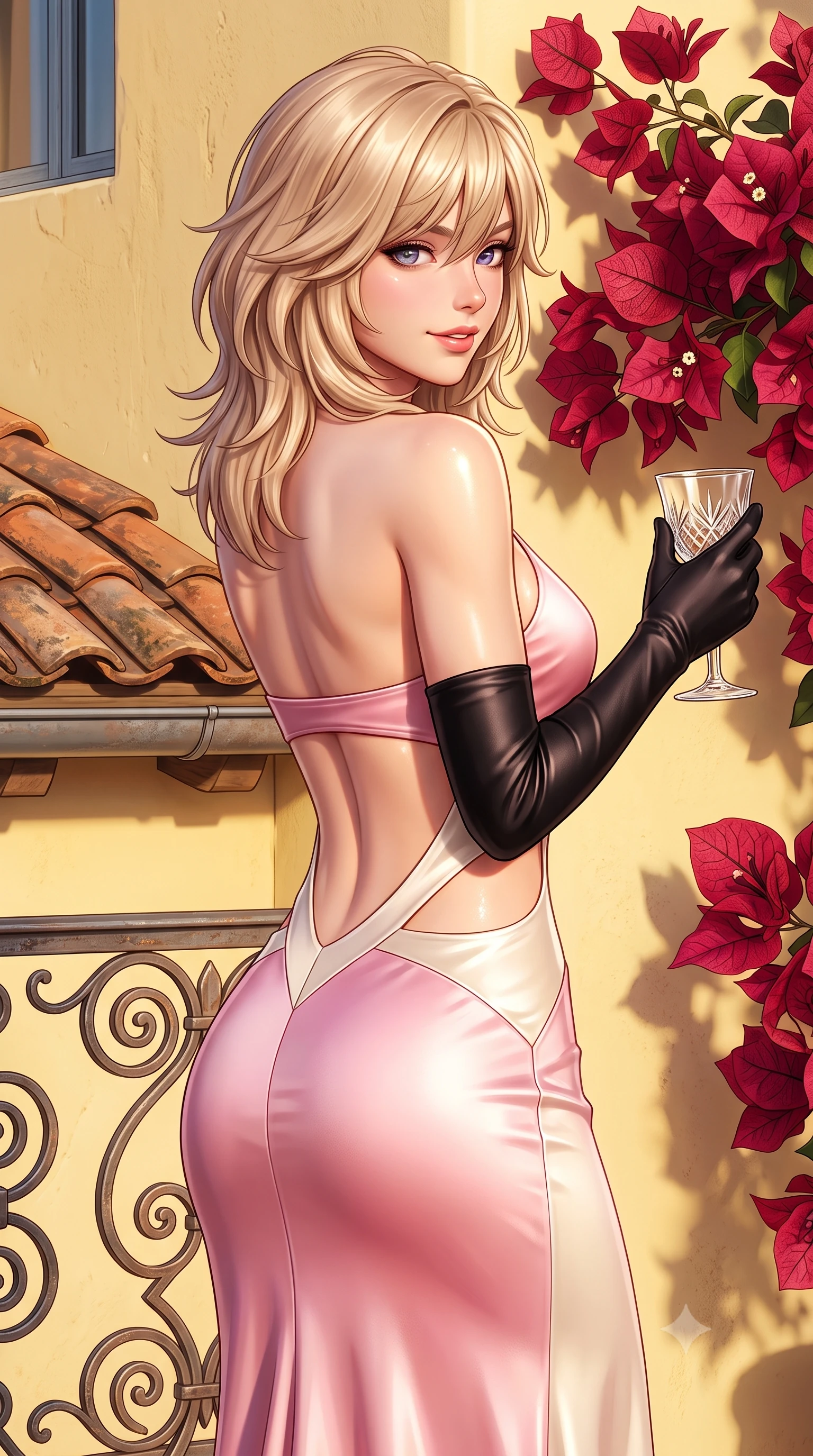 score_9, masterpiece, best quality, ultra-detailed, high-budget anime keyframe, semi-realistic 3D game render, editorial fashion photography, tasteful artistic composition, Japanese woman. close-up cowboy shot from the waist and thighs up, the character dominates the composition, filling the frame with her large presence. turning over a bare shoulder with an intoxicating, teasing smile, her soft hair framing her sharp jawline as her hips angle gracefully while standing poised against the pastel-yellow cliffside villa wall, twisting her slender torso in an alluring contrapposto stance in the evening breeze. The surrounding environment is rendered in vivid detail and crisp panoramic clarity. sharp wrought-iron railing scrollwork, weathered terracotta tiles, and bougainvillea petal venation in deep focus. She has an exceptionally elegant, slender, and willowy female figure with an ultra-slim waist, flat toned midriff, narrow ribcage, and sculpted feminine hips creating an alluring, slim hourglass silhouette without bulk. sharp v-shaped jawline, high-bridge nose, intricate jewel-like eyes with depth, thick eyelashes, glossy parted lips with a natural sheen, intensely captivating and seductive bedroom-eyes expression, flawlessly proportioned anatomical accuracy, strict slender model proportions, natural body alignment, perfectly sculpted long slender limbs, ultra-slim waistline, clean dynamic posture without body distortion. wearing a sculptured liquid-satin mermaid gown with an architectural open-waist cutout and bare spine in sakura blossom pink and warm ivory, tailored from liquid silk jersey adhering flawlessly to her slender build, accessorized with opera-length satin gloves and a vintage crystal glass, the precision-cut side openings and low-back scoop framing her graceful spine and the sensual sweep of her slim, toned hips. illuminated by glowing specular sun glints defining her sculpted collarbones, narrow waist, and curvy hips. highly saturated vibrant anime colors, detailed shading with soft gradients, rich glossy textures, high-contrast stereoscopic depth, volumetric dynamic lighting, master piece, 9:16 ratio