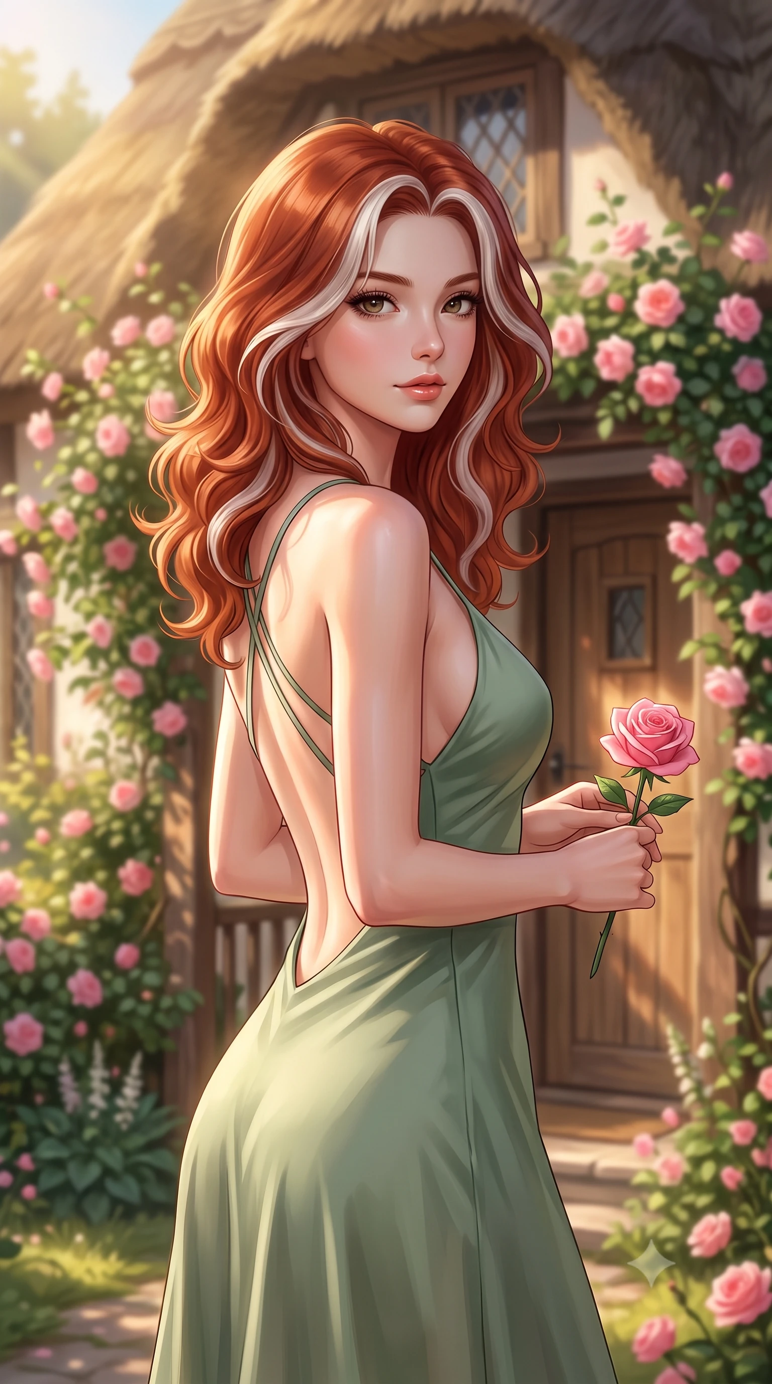 score_9, masterpiece, best quality, ultra-detailed, high-budget anime keyframe, editorial fashion photography, tasteful artistic composition, Caucasian woman woman. close-up cowboy shot from the waist and thighs up, the character dominates the composition, filling the frame with her large presence, background elements kept in soft focus. gazing directly at the viewer with a calm and welcoming expression, holding a fresh flower the background shows a soft-focus the front porch of a charming thatched-roof cottage covered in climbing pink roses. She has an exceptionally elegant, slender, and willowy female figure with an ultra-slim waist, a gracefully sculpted slender torso, and a refined silhouette. sharp v-shaped jawline, high-bridge nose, intricate jewel-like eyes with depth, thick eyelashes, glossy lips with a natural sheen. wearing a form-contouring lightweight silk sundress in sage green with a dramatic open-back and thin criss-cross straps. warm morning sunbeams highlighting the rustic wooden door and flowers. 2k, ultra detail, master piece, 9:16 ratio