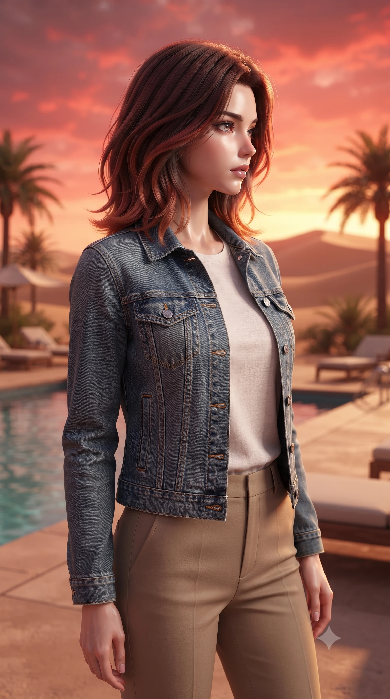 score_9, masterpiece, best quality, ultra-detailed, high-budget anime keyframe, editorial fashion photography, tasteful artistic composition, Korean woman woman. close-up cowboy shot from the waist and thighs up, the character dominates the composition, filling the frame with her large presence, background elements kept in soft focus. turning her face in sharp profile, casting a cold, mysterious, yet intensely alluring side gaze, the background shows a soft-focus a pool deck of a resort in a desert oasis, surrounded by palm trees and sand dunes. She has an exceptionally elegant, slender, and willowy female figure with an ultra-slim waist, a gracefully sculpted slender torso, and a refined silhouette. sharp v-shaped jawline, high-bridge nose, intricate jewel-like eyes with depth, thick eyelashes, glossy lips with a natural sheen. wearing a form-contouring clean-cut denim jacket over a white linen tee and khaki trousers. the warm red and orange sunset sky casting a dramatic glow over the sands. ultra-reflective glossy finish, specular highlights, metallic sheen, high-contrast stereoscopic depth, volumetric dynamic lighting, 2k, ultra detail, master piece, 9:16 ratio