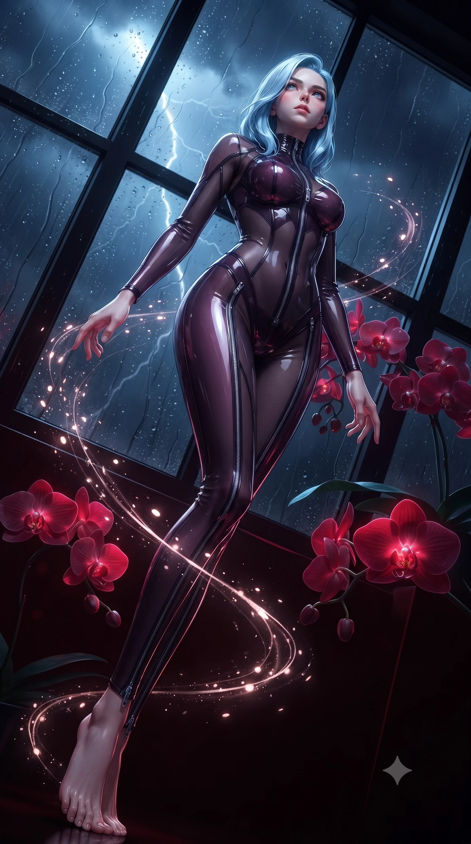 score_9, masterpiece, best quality, ultra-detailed, high-budget anime keyframe, editorial fashion photography, tasteful artistic composition, Korean woman. low angle full-body shot from head to toe showing her feet, filling the entire 9:16 vertical frame with her statuesque presence, stretching her vertical silhouette. interacting with glowing light particles, her long slender legs poised in motion, looking up at a stormy midnight sky through dark glass panes covered in raindrops, blooming red orchids casting subtle bioluminescent ruby highlights. She has an absolutely perfect, statuesque 8.5-heads proportion, an exceptionally tall and slender model-like female figure with impossibly long slender legs and an ultra-slim waist. sharp v-shaped jawline, high-bridge nose, intricate jewel-like eyes with depth, thick eyelashes, glossy lips with a natural sheen. wearing translucent liquid acrylic splash bodysuit with semi-opaque dark mesh in dark plum violet, made of fine dark contouring mesh, finished with metallic silver boning and sleek zipper points, highlighting her statuesque proportions and ultra-slim waistline. bathed in rich dark crimson tones and deep pitch-black ambient shadows. ultra-reflective glossy finish, specular highlights, metallic sheen, high-contrast stereoscopic depth, volumetric dynamic lighting, 2k, ultra detail, master piece, 9:16 ratio