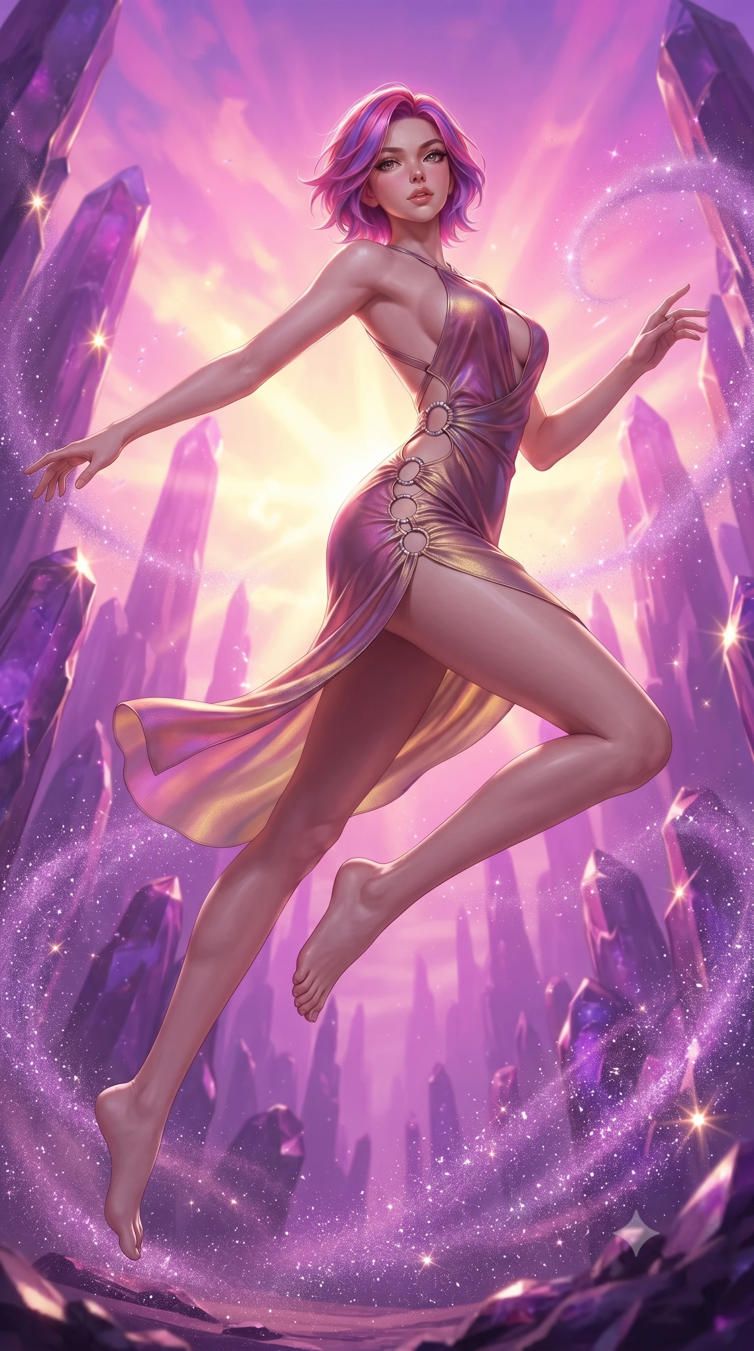 score_9, masterpiece, best quality, ultra-detailed, high-budget anime keyframe, editorial fashion photography, tasteful artistic composition, Caucasian woman. low angle full-body shot from head to toe showing her feet, filling the entire 9:16 vertical frame with her statuesque presence, stretching her vertical silhouette. leaping gracefully through the environment with statuesque elegance and long slender legs walking through a canyon of purple amethyst spires scattering sunbursts, swirling gusts of fine purple crystal sand shimmering like diamond dust. She has an absolutely perfect, statuesque 8.5-heads proportion, an exceptionally tall and slender model-like female figure with impossibly long slender legs and an ultra-slim waist. sharp v-shaped jawline, high-bridge nose, intricate jewel-like eyes with depth, thick eyelashes, glossy lips with a natural sheen. wearing a deep-scoop halter bodycon dress with hip cutouts connected by silver rings in dusty rose and champagne gold, crafted from iridescent chiffon that shifts colors in the light, complemented by criss-cross back straps highlighting her bare shoulders, the glove-like fit emphasizing her statuesque silhouette. bathed in radiant magenta and gold sky glow with sharp mineral speculars. ultra-reflective glossy finish, specular highlights, metallic sheen, high-contrast stereoscopic depth, volumetric dynamic lighting, 2k, ultra detail, master piece, 9:16 ratio