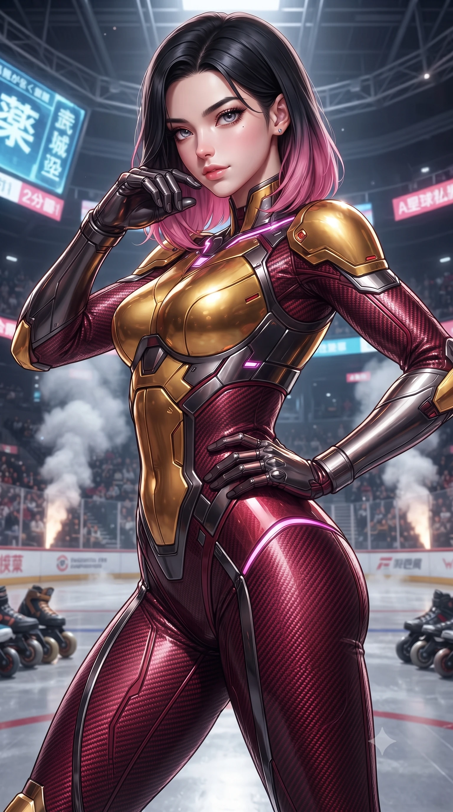score_9, masterpiece, best quality, ultra-detailed, high-budget anime keyframe, editorial fashion photography, tasteful artistic composition, Korean woman. close-up cowboy shot from the waist and thighs up, the character dominates the composition, filling the frame with her large presence. resting one hand in a defensive deflective posture while glancing over her shoulder with thick eyelashes and a confident, smoldering combat half-smile while resting one hand on her hip with a fearless, captivating battle smile as giant holographic arena scoreboards flash overhead. The surrounding environment is rendered in vivid detail and crisp panoramic clarity. detailed magnetic skate rollers, industrial exhaust steam plumes, and arena billboard kanji in high clarity. She has an exceptionally elegant, slender, and willowy female figure with an ultra-slim waist, a gracefully sculpted slender torso, toned flat midriff, and a refined slim silhouette. sharp v-shaped jawline, high-bridge nose, intricate jewel-like eyes with depth, thick eyelashes, glossy lips with a natural sheen, flawlessly proportioned anatomical accuracy, strict slender model proportions, natural body alignment, perfectly sculpted long slender limbs, ultra-slim waistline, clean dynamic posture without body distortion. wearing a sculpted molten-gold and dark carbon cuirass paired with high-mobility combat leggings and kinetic energy channels in deep crimson carbon weave with specular dark chrome accents, made of lightweight aerodynamic carbon-titanium alloy with polished edge bevels, accented with glowing fiber-optic conduits tracing her collarbones and hip curves, the glove-like aerodynamic second-skin fit tightly clinging to her ultra-slender waist and athletic curves without adding bulk, accentuating her razor-sharp statuesque lines and slim hourglass silhouette. illuminated by crisp white key lighting with sharp specular highlights tracing her sculpted athletic curves. ultra-reflective glossy finish, specular highlights, dark metallic sheen, high-contrast stereoscopic depth, volumetric dynamic lighting, 2k, ultra detail, master piece, 9:16 ratio