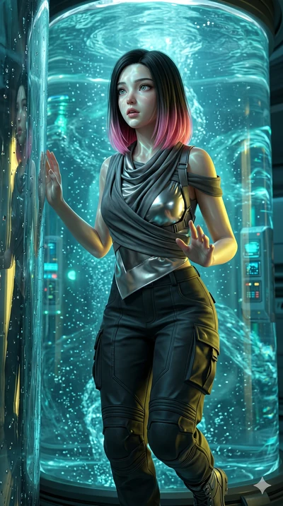 score_9, masterpiece, best quality, ultra-detailed, high-budget anime keyframe, semi-realistic 3D game render, Korean woman. Upper body close-up from the thighs up, character filling the screen for maximum presence. Inside a giant glass cylinder with