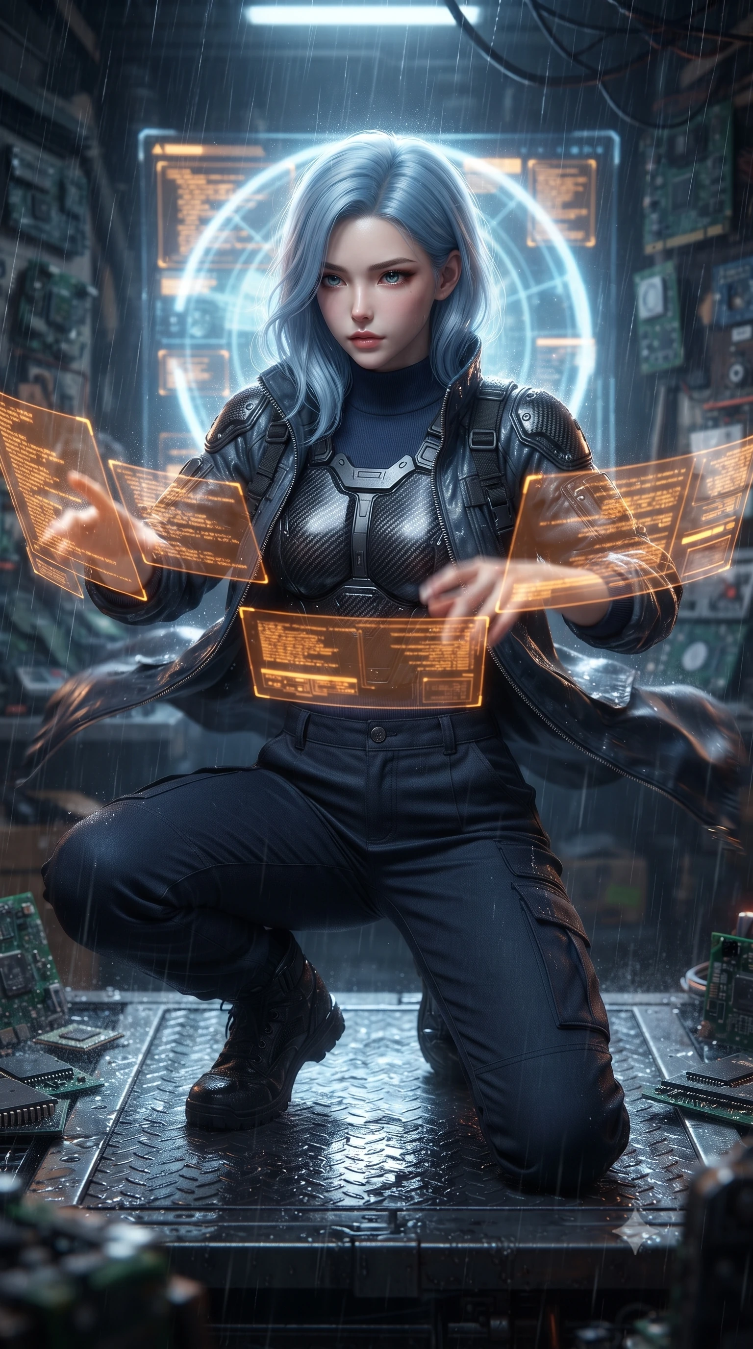 score_9, masterpiece, best quality, ultra-detailed, high-budget anime keyframe, editorial fashion photography, tasteful artistic composition, realistic cosplay photography, Korean woman. close-up cowboy shot from the waist and thighs up, the character dominates the composition, filling the frame with her large presence, background elements kept in soft focus. Hacking a security terminal in a low crouch, fingers moving in a blur as amber code screens surround her. set against a soft-focus background of a chaotic market stall selling salvaged military cyberware and glowing optical chips under heavy acid rain. She has an exceptionally elegant and slender, willowy female figure with an ultra-slim waist, a gracefully sculpted slender torso, and a refined slim physique. sharp v-shaped jawline, high-bridge nose, intricate jewel-like eyes with depth, thick eyelashes, glossy lips with a natural sheen. wearing the lightweight fabric rippling and billowing dramatically with her movement, a slim-fit tactical officer jacket with carbon-fiber chest plating and shoulder guards, layered over a navy blue mock-neck top and tailored cargo pants. dramatic backlight creating a radiant halo effect around her entire silhouette. ultra-reflective glossy finish, specular highlights, metallic sheen, high-contrast stereoscopic depth, volumetric dynamic lighting, 2k, ultra detail, master piece, 9:16 ratio