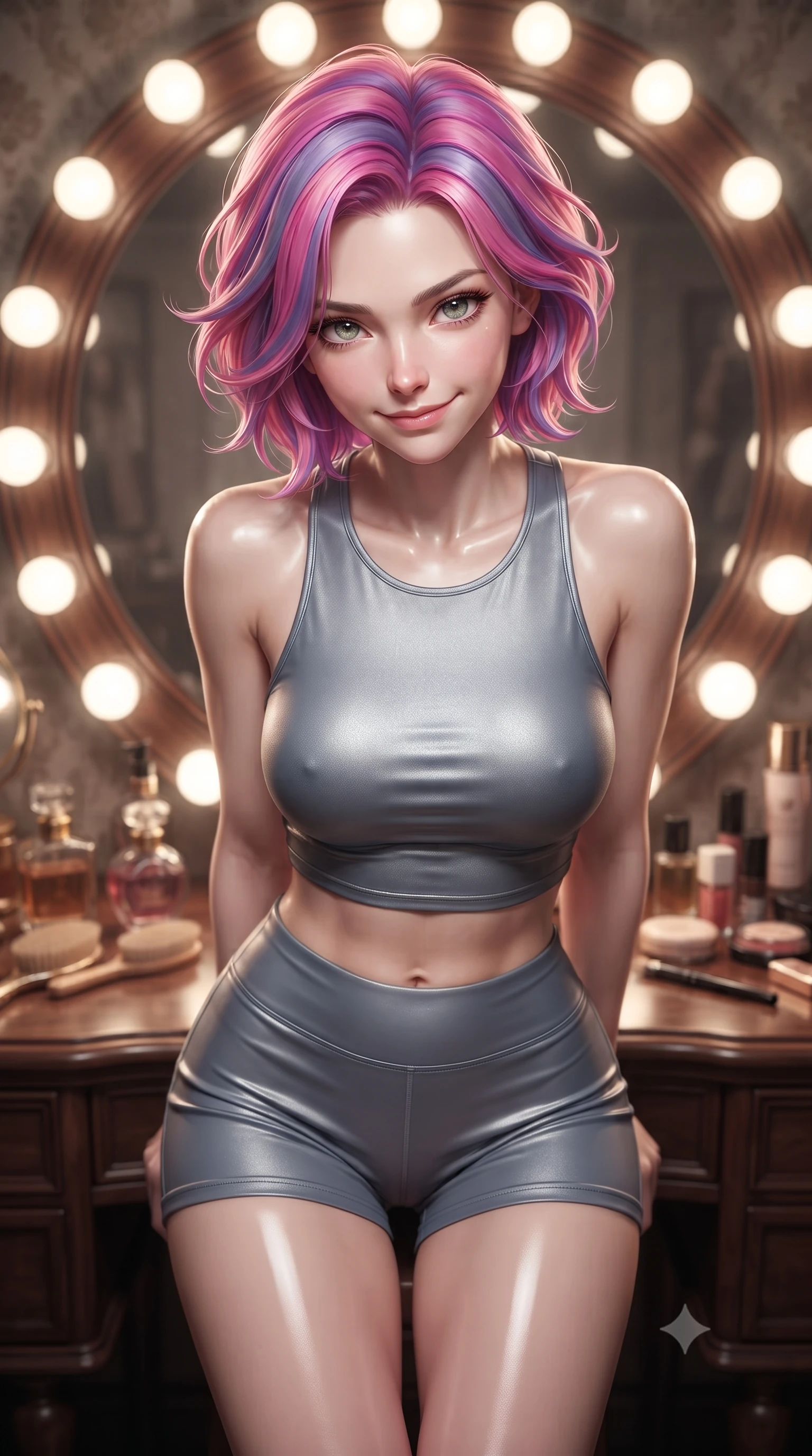 score_9, masterpiece, best quality, ultra-detailed, high-budget anime keyframe, editorial fashion photography, tasteful artistic composition, Caucasian woman. close-up cowboy shot from the waist and thighs up, the character dominates the composition, filling the frame with her large presence, background elements kept in soft focus. leaning slightly forward with a playful, teasing smile, her gaze locked onto the viewer the background shows a soft-focus a vintage dressing vanity room with a large mirror bordered by round lightbulbs. She has an exceptionally elegant, slender, and willowy female figure with an ultra-slim waist, a gracefully sculpted slender torso, and a refined silhouette. sharp v-shaped jawline, high-bridge nose, intricate jewel-like eyes with depth, thick eyelashes, glossy lips with a natural sheen. wearing a slim-fit body-hugging athletic crop top and high-waisted shorts set in slate grey. bright vanity spotlights casting detailed front lighting with soft back shadow. ultra-reflective glossy finish, specular highlights, metallic sheen, high-contrast stereoscopic depth, volumetric dynamic lighting, 2k, ultra detail, master piece, 9:16 ratio