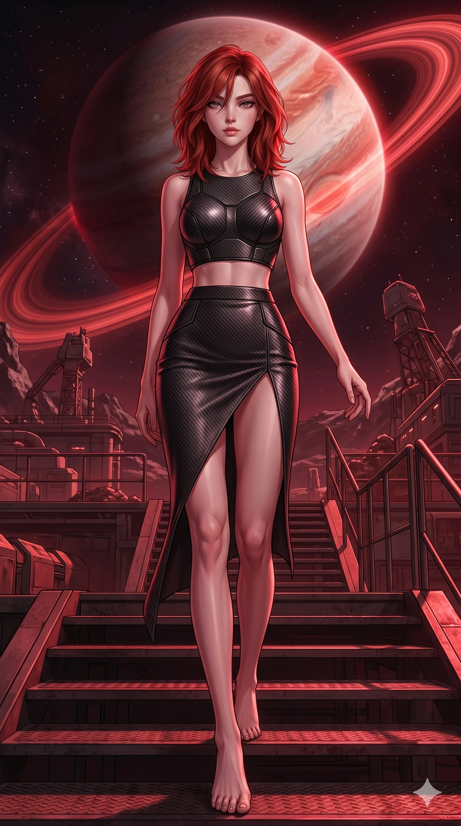 score_9, masterpiece, best quality, ultra-detailed, high-budget anime keyframe, editorial fashion photography, tasteful artistic composition, Korean woman. low angle full-body shot from head to toe showing her feet, filling the entire 9:16 vertical frame with her statuesque presence, stretching her vertical silhouette. Descending a flight of steps with regal poise, one hand trailing gracefully along the air on an asteroid mining outpost under the glowing red rings of a giant gas planet. She has an absolutely perfect 8-heads proportion, an exceptionally tall and slender female figure with impossibly long slender legs and an ultra-slim waist. V-shaped jawline, high-bridge nose, intricate jewel-like eyes with depth, thick eyelashes, glossy lips with a natural sheen. wearing a structured crop top made of matte carbon fiber plates and a matching high-waist split-hem skirt. drenched in deep crimson theatrical lighting with sharp specular highlights on every curve. 2k, ultra detail, master piece, 9:16 ratio