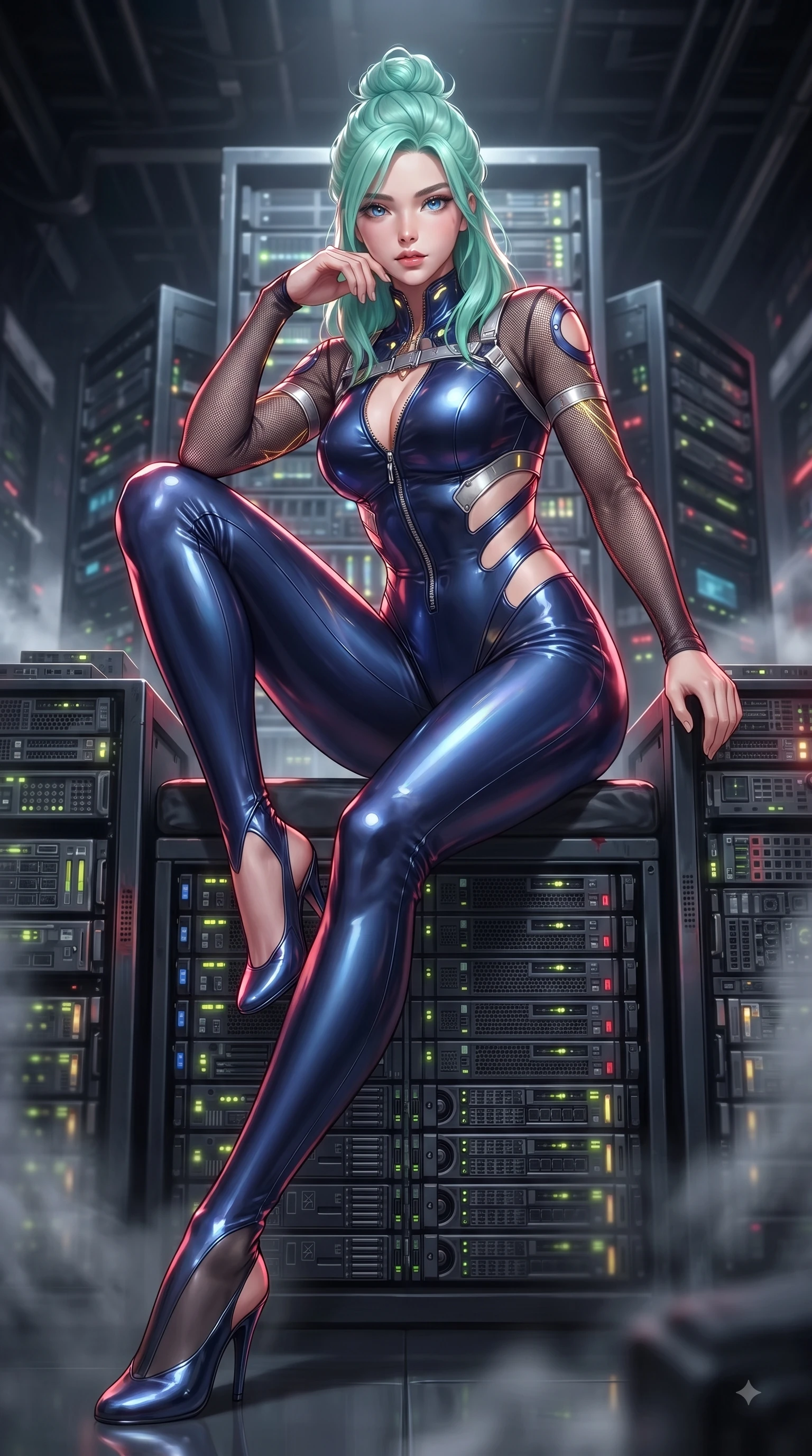 score_9, masterpiece, best quality, ultra-detailed, high-budget anime keyframe, editorial fashion photography, tasteful artistic composition, Japanese woman. low angle full-body shot from head to toe showing her feet, filling the entire 9:16 vertical frame with her statuesque presence, stretching her vertical silhouette. pivoting dynamically in mid-motion with a breathtakingly alluring posture, displaying her flawless model proportions and ultra-slim waist while leaning forward on a throne of server racks with a dangerous smolder resting her elbow on her knee. The composition keeps background elements in soft focus with creamy bokeh. glowing neon indicators and electronic smoke blurring into a dramatic dark backdrop. She has an absolutely perfect, statuesque 8.5-heads proportion, an exceptionally tall and slender model-like female figure with impossibly long slender legs and an ultra-slim waist. sharp v-shaped jawline, high-bridge nose, intricate jewel-like eyes with depth, thick eyelashes, glossy lips with a natural sheen, flawlessly proportioned anatomical accuracy, natural body alignment, perfectly sculpted elegant limbs, clean dynamic posture without body distortion. wearing an ultra-sleek high-cut tech-bodysuit featuring dangerous diagonal slitted cutouts on the midriff and shoulders, reinforced by a metallic silver harness and sheer mesh sleeves in midnight sapphire blue and glowing gold filaments, made of smooth iridescent silk chiffon that shifts colors with movement, featuring a dangerously unzipped neckline framed by glowing cybernetic accents, the form-contouring second-skin material highlighting her ultra-slim waist and long lines. bathed in bright white studio flash light and sharp crimson rim lighting outlining her silhouette. ultra-reflective glossy finish, specular highlights, metallic sheen, high-contrast stereoscopic depth, volumetric dynamic lighting, 2k, ultra detail, master piece, 9:16 ratio