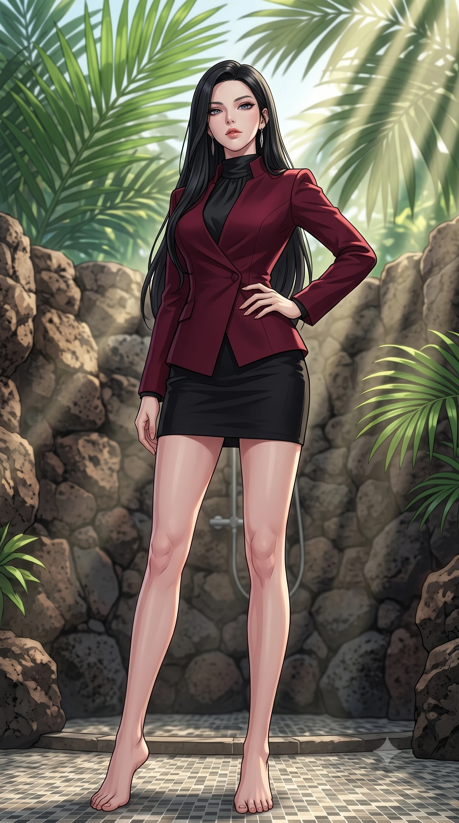 score_9, masterpiece, best quality, ultra-detailed, high-budget anime keyframe, tasteful artistic composition, Korean woman. low angle full-body shot from head to toe showing her feet, filling the entire 9:16 vertical frame with her statuesque presence, stretching her vertical silhouette. posing confidently with one hand on her hip, stretching her statuesque body to emphasize her curves the background shows a soft-focus a tropical outdoor villa shower built of volcanic rocks, surrounded by large palm leaves. She has an absolutely perfect, statuesque 8.5-heads proportion, an exceptionally tall and slender model-like female figure with impossibly long slender legs and an ultra-slim waist. sharp v-shaped jawline, high-bridge nose, intricate jewel-like eyes with depth, thick eyelashes, glossy lips with a natural sheen. wearing a slim-fit tailored asymmetric jacket in deep burgundy wool with a high wrap collar, over a black silk mock-neck blouse. sun rays slicing through the palm fronds, creating dramatic volumetric shafts of light. highly saturated vibrant anime colors, cel-shading, 2d style, master piece, 9:16 ratio