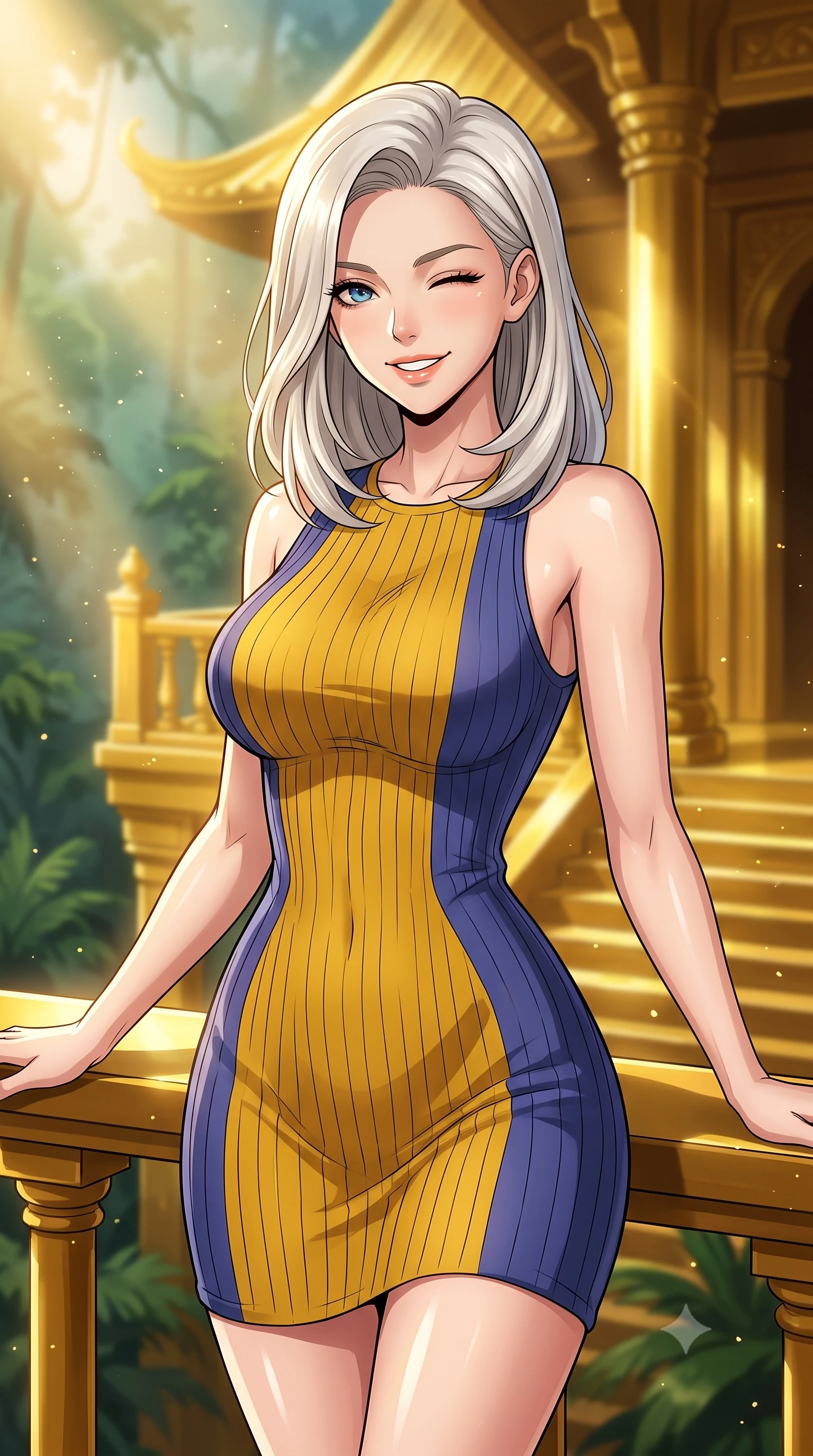 score_9, masterpiece, best quality, ultra-detailed, high-budget anime keyframe, editorial fashion photography, tasteful artistic composition, gorgeous anime illustration, with clean line-art, distinct ink outlines, and high-contrast stereoscopic depth, Caucasian woman, strictly human ears. close-up cowboy shot from the waist and thighs up, the character dominates the composition, filling the frame with her large presence, background elements kept in soft focus. Winking playfully with a cheerful grin and a lighthearted expression. set against a soft-focus background of standing on a balcony of a temple constructed from solid, highly polished gold hidden deep within a misty green tropical jungle, reflecting bright sun rays off the golden surfaces. She has an exceptionally elegant, slender, and willowy female figure with a highly-defined ultra-slim waist, a gracefully sculpted slender torso, and a refined slim-fit silhouette that contours her form. sharp v-shaped jawline, high-bridge nose, intricate jewel-like eyes with depth, thick eyelashes, glossy lips with a natural sheen. wearing a body-hugging ribbed knit dress in a striking mustard yellow and indigo blue colorway, sculpting her slender proportions. golden hour sunlight streaming in warm shafts with floating dust particles catching the light. 2k, ultra detail, master piece, 9:16 ratio, highly saturated vibrant anime colors, detailed cel-shading with soft gradients, rich glossy textures, deep contrast, volumetric dynamic lighting, 2d animation style