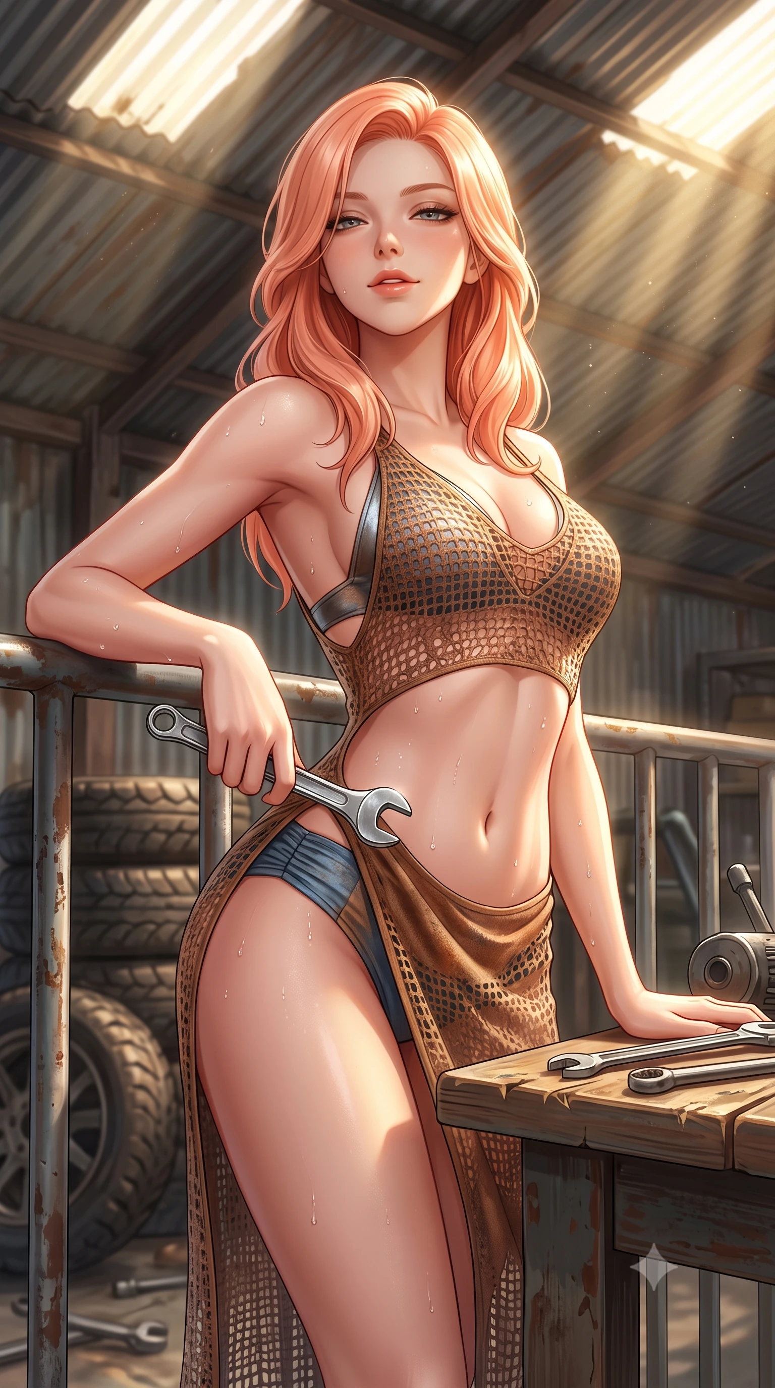score_9, masterpiece, best quality, ultra-detailed, high-budget anime keyframe, semi-realistic 3D game render, editorial fashion photography, tasteful artistic composition, Japanese woman. close-up cowboy shot from the waist and thighs up, the character dominates the composition, filling the frame with her large presence. leaning back against the balustrade with relaxed seductive grace, head tilted back slightly while casting a hypnotic, heavy-lidded gaze while leaning over the wooden workbench while arching her lower back to accentuate her curvy hips, holding a chrome wrench with seductive cool. The background shows a soft-focus motorcycle tire stacks softened in gritty mechanical shallow focus. She has an exceptionally elegant, slender, and willowy female figure with an ultra-slim waist, flat toned midriff, narrow ribcage, and sculpted feminine hips creating an alluring, slim hourglass silhouette without bulk. sharp v-shaped jawline, high-bridge nose, sparkling eyes with hypnotic seductive depth, thick curled eyelashes, glossy parted lips with a natural dewy peach sheen, alluring bedroom-eyes with an enchanting coquettish smile, exuding magnetic siren charisma and sophisticated glamour, flawlessly proportioned anatomical accuracy, strict slender model proportions, natural body alignment, perfectly sculpted long slender limbs, ultra-slim waistline, clean dynamic posture without body distortion. wearing a delicate semi-sheer crochet knit beach slip dress worn over a metallic micro-bralette and ruched bikini briefs in distressed whiskey leather brown and sun-bleached denim blue, tailored from ultra-soft distressed suede with velvety hand-feel and rich shadow depth, finished with glistening drops of seawater beading across her sculpted shoulders and flat midriff, the high-slit wrap tailoring accentuating her ultra-slim waistline and the enchanting curve of her feminine hips with alluring seductive charm. bathed in dramatic shafts of golden afternoon sunlight cutting through corrugated roof cracks. highly saturated vibrant anime colors, detailed shading with soft gradients, rich glossy textures, high-contrast stereoscopic depth, volumetric dynamic lighting, master piece, 9:16 ratio