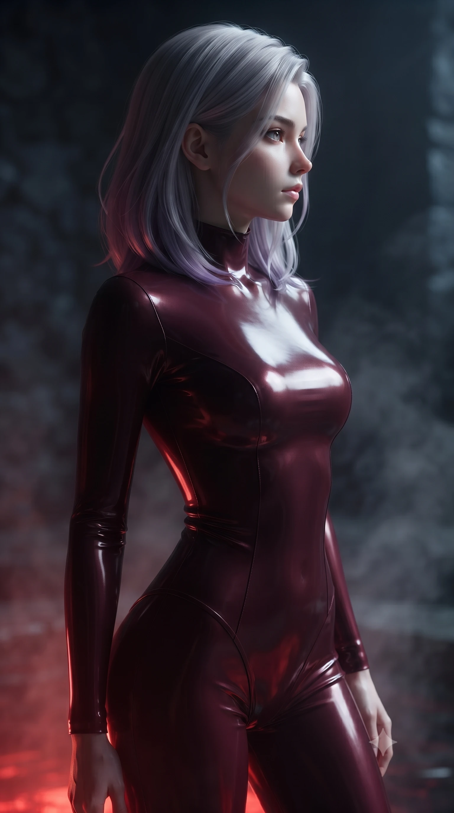 score_9, masterpiece, best quality, ultra-detailed, high-budget anime keyframe, editorial fashion photography, tasteful artistic composition, Caucasian woman woman. close-up cowboy shot from the waist and thighs up, the character dominates the composition, filling the frame with her large presence, background elements kept in soft focus. She has an exceptionally elegant, slender, and willowy female figure with an ultra-slim waist, a gracefully sculpted slender torso, and a refined silhouette. turning her head in a sharp dramatic profile against the key light, her eyes glowing with calm focus, flawlessly proportioned anatomical accuracy, natural body alignment, perfectly sculpted elegant limbs, clean dynamic posture without body distortion. set against a soft-focus background of a dark basalt thermal bath chamber with rising mineral steam. wearing a form-fitting dark burgundy vinyl bodycon outfit with a high collar line. bathed in warm crimson furnace glow from below contrasting with cool top ambient light. ultra-reflective glossy finish, specular highlights, metallic sheen, high-contrast stereoscopic depth, volumetric dynamic lighting, 2k, ultra detail, master piece, 9:16 ratio