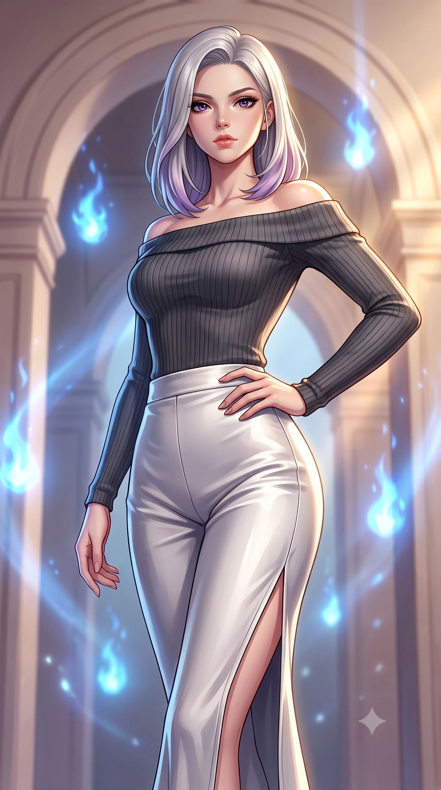 score_9, masterpiece, best quality, ultra-detailed, high-budget anime keyframe, editorial fashion photography, tasteful artistic composition, Caucasian woman. close-up cowboy shot from the waist and thighs up, the character dominates the composition, filling the frame with her large presence, background elements kept in soft focus. Holding a powerful dynamic pose with one hand on her hip and body angled dramatically toward the key light while stepping forward with proud posture as alchemy light beams illuminate her statuesque figure, soft sapphire alchemy flames dancing around bisque porcelain architectural arches. She has an exceptionally elegant, slender, and willowy female figure with an ultra-slim waist, a gracefully sculpted slender torso, and a refined silhouette. sharp v-shaped jawline, high-bridge nose, intricate jewel-like eyes with depth, thick eyelashes, glossy lips with a natural sheen, flawlessly proportioned anatomical accuracy, natural body alignment, perfectly sculpted elegant limbs, clean dynamic posture without body distortion. wearing a sleek off-shoulder ribbed knit top paired with high-waist tailored pants in charcoal grey and platinum, crafted from lustrous satin jersey with fluid draping, finished with a sleek side slit ascending to mid-thigh, the form-contouring material highlighting her ultra-slim waist and long lines. illuminated by a dramatic contrast of sapphire alchemy flames and warm golden glow. highly saturated vibrant anime colors, detailed shading with soft gradients, rich glossy textures, high-contrast stereoscopic depth, volumetric dynamic lighting, master piece, 9:16 ratio