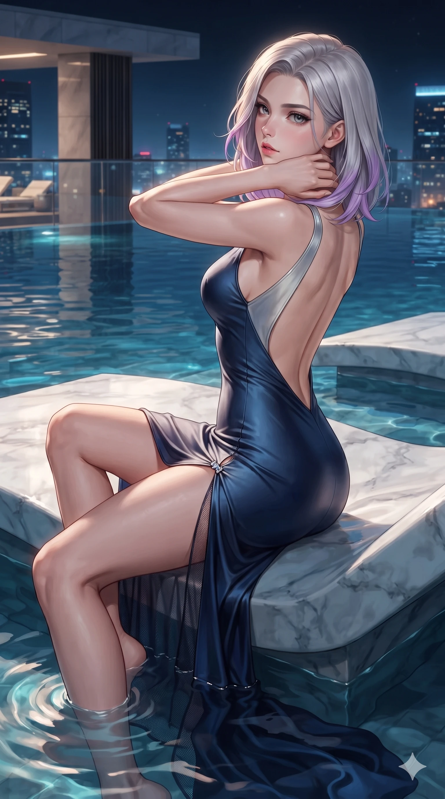 score_9, masterpiece, best quality, ultra-detailed, high-budget anime keyframe, editorial fashion photography, tasteful artistic composition, Caucasian woman. close-up cowboy shot from the waist and thighs up, the character dominates the composition, filling the frame with her large presence. resting both hands lightly behind her neck with elbows raised, arching her spine to highlight her narrow waist, flat midriff, and breathtaking collarbones while reclining on the submerged marble chaise with one knee bent, looking back over her shoulder with an intoxicating smoldering bedroom-gaze. The surrounding environment is rendered in vivid detail and crisp panoramic clarity: detailed wet-look silk wrap tailoring, fine mesh accents, and architectural rooftop infinity pool design in razor-sharp clarity. She has an exceptionally elegant, slender, and willowy female figure with an ultra-slim waist, flat toned midriff, narrow ribcage, and sculpted feminine hips creating an alluring, slim hourglass silhouette without bulk. sharp v-shaped jawline, high-bridge nose, intricate jewel-like sparkling eyes with depth, thick eyelashes, glossy parted lips with a natural sheen, intensely captivating and seductive bedroom-eyes expression, exuding both youthful cute charm and sovereign luxury allure, flawlessly proportioned anatomical accuracy, strict slender model proportions, natural body alignment, perfectly sculpted long slender limbs, ultra-slim waistline, clean dynamic posture without body distortion. wearing a liquid-silk jersey evening gown with an ultra-deep plunging open back descending to the base of her spine and a sculpted hip-hugging skirt in midnight sapphire blue and liquid platinum, woven from buttery-soft stretch lambskin leather adhering to her body like a second skin, finished with an ultra-high side slit secured by miniature jeweled clasps, the bespoke structured tailoring following the natural line of her 8.5-heads silhouette with refined elegance. illuminated by water surface ripple reflections and sharp turquoise-amber rim lights carving her sculpted collarbones, ultra-slim waist, and curvy hips. ultra-reflective glossy finish, specular highlights, rich textural contrasts, high-contrast stereoscopic depth, volumetric dynamic lighting, 2k, ultra detail, master piece, 9:16 ratio