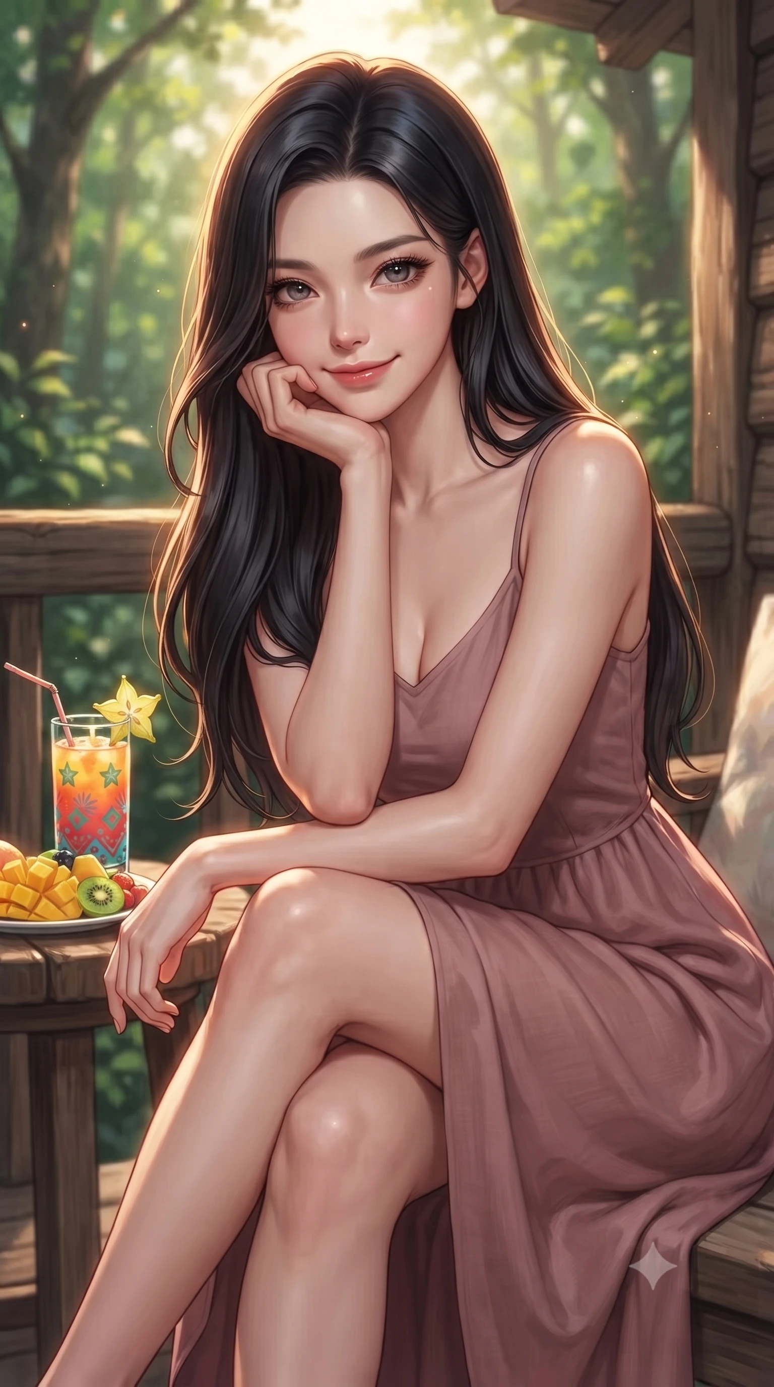 score_9, masterpiece, best quality, ultra-detailed, high-budget anime keyframe, editorial fashion photography, tasteful artistic composition, Korean woman. close-up cowboy shot from the waist and thighs up, the character dominates the composition, filling the frame with her large presence, background elements kept in soft focus. smiling cutely while resting her chin on her hand, looking directly into the lens set against a soft-focus background of on a rustic wooden veranda of a cozy forest lodge surrounded by greenery with a colorful tropical juice drink and fresh fruit slices on a side table. She has an exceptionally elegant, slender, and willowy female figure with an ultra-slim waist, a gracefully sculpted slender torso, and a refined silhouette. sharp v-shaped jawline, high-bridge nose, intricate jewel-like eyes with depth, thick eyelashes, glossy lips with a natural sheen. wearing slim-fit flowy linen sundress in dusty rose, draped softly and comfortably. bright golden hour sunset tracing her silhouette with a warm glowing rim light. ultra-reflective glossy finish, specular highlights, metallic sheen, high-contrast stereoscopic depth, volumetric dynamic lighting, 2k, ultra detail, master piece, 9:16 ratio