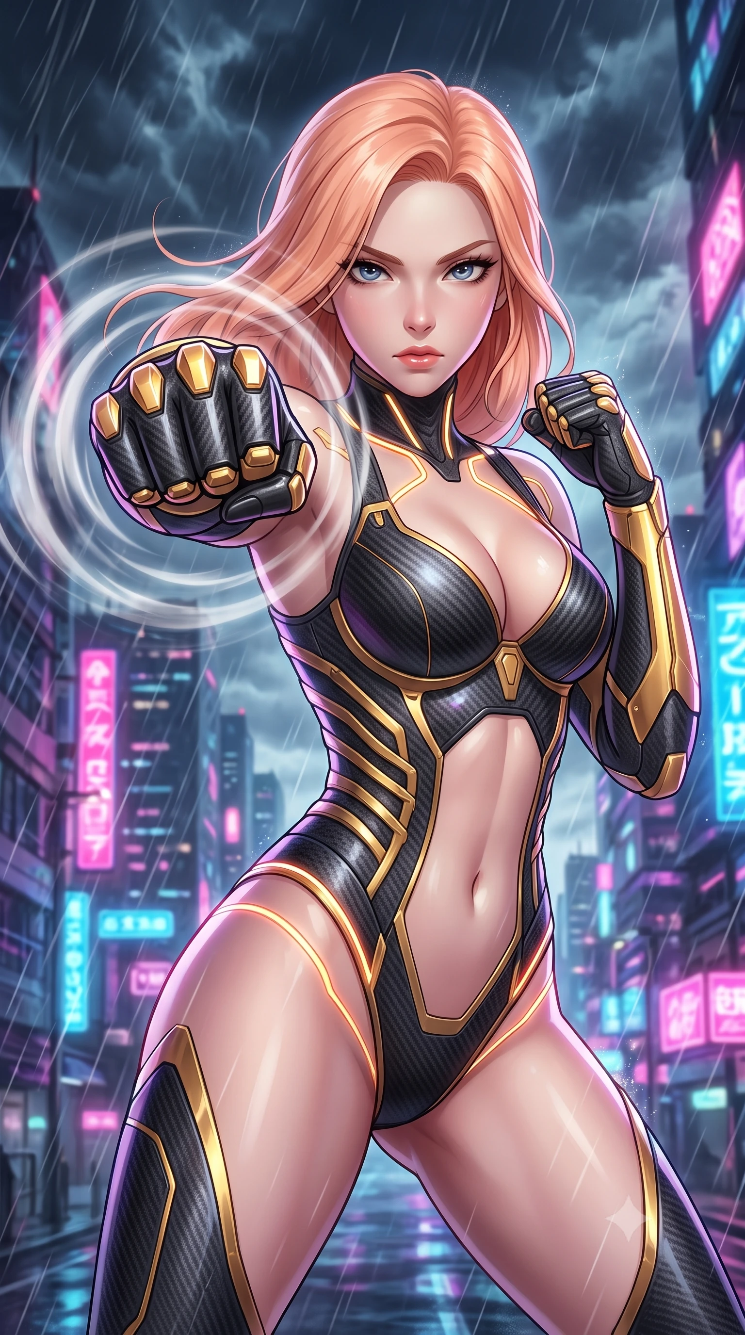 score_9, masterpiece, best quality, ultra-detailed, high-budget anime keyframe, semi-realistic 3D game render, editorial fashion photography, tasteful artistic composition, Japanese woman. close-up cowboy shot from the waist and thighs up, the character dominates the composition, filling the frame with her large presence. thrusting a high-speed kinetic punch toward the camera, a visible conical shockwave distortion wrapping around her sleek carbon forearm while arching her spine in a fluid combat stance against raging typhoon winds as neon city lights pulse through the storm. The surrounding environment is rendered in vivid detail and crisp panoramic clarity. high-contrast storm chiaroscuro and atmospheric cyberpunk urban textures captured with precision. She has an exceptionally elegant, slender, and willowy female figure with an ultra-slim waist, a gracefully sculpted slender torso, toned flat midriff, and a refined slim silhouette. sharp v-shaped jawline, high-bridge nose, intricate jewel-like eyes with depth, thick eyelashes, glossy lips with a natural sheen, flawlessly proportioned anatomical accuracy, strict slender model proportions, natural body alignment, perfectly sculpted long slender limbs, ultra-slim waistline, clean dynamic posture without body distortion. wearing a precision-tailored high-fashion carbon-fiber corset bodysuit with gold mechanical rib boning and kinetic shock-dampening palms in arctic white carbon composite with radiant solar gold plating, made of lightweight aerodynamic carbon-titanium alloy with polished edge bevels, accented with glowing fiber-optic conduits tracing her collarbones and hip curves, the form-contouring material adhering flawlessly to her sculpted flat midriff and slender torso, emphasizing her long leg lines and perfectly proportioned willowy build. illuminated by crisp white key lighting with sharp specular highlights tracing her sculpted flat midriff and waist. rich saturated anime colors with glowing neon highlights, detailed shading with soft gradients, rich glossy textures, high-contrast stereoscopic depth, volumetric dynamic lighting, master piece, 9:16 ratio