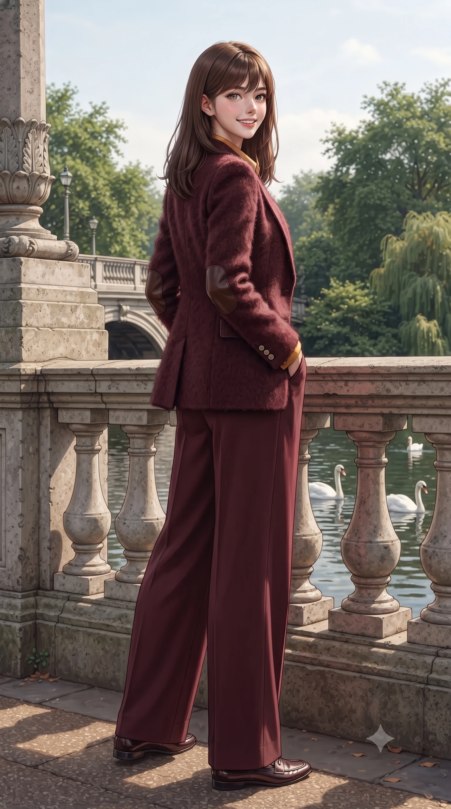 score_9, masterpiece, best quality, ultra-detailed, high-budget anime keyframe, editorial fashion photography, tasteful artistic composition, Korean woman. low angle full-body shot from head to toe showing her feet, filling the entire 9:16 vertical frame with her statuesque presence, stretching her vertical silhouette. pausing along the promenade and turning back toward the camera with an infectious, delightful smile and perfect posture while standing poised at the stone balustrade of the Serpentine Bridge, watching swans glide across the water with serene charm. The surrounding environment is rendered in vivid detail and crisp panoramic clarity: detailed equestrian wool blazer tailoring, leather elbow patch textures, and natural royal park foliage in high resolution. She has an exceptionally tall and slender model-like 8.5-heads proportion, an ultra-slim waist, a flat toned midriff, narrow delicate ribcage, and beautifully sculpted feminine hips creating a graceful, slim hourglass silhouette without any bulky heaviness, with impossibly long slender legs. sharp v-shaped jawline, high-bridge nose, intricate jewel-like sparkling eyes with depth, thick eyelashes, glossy parted lips with a natural peach sheen, bright cheerful beaming smile with an enchanting and coquettish sensual glint, exuding both youthful cute charm and seductive allure, flawlessly proportioned anatomical accuracy, strict slender model proportions, natural body alignment, perfectly sculpted long slender limbs, ultra-slim waistline, clean dynamic posture without body distortion. wearing a chic tailored smoking jacket blazer paired with fluid pleated palazzo trousers and a silk blouse base in rich Oxford burgundy and golden amber, woven from plush alpaca yarn with a cloud-like fuzzy texture and soft halo, finished with fine mother-of-pearl cuff buttons catching the soft ambient light, the sharp shoulder tailoring and gently nipped waist framing her slender torso with pristine sartorial perfection. illuminated by lake water shimmer fill and rich copper-gold rim lights defining her razor-sharp jawline and tall slender figure. ultra-reflective glossy finish, specular highlights, rich textural contrasts, high-contrast stereoscopic depth, volumetric dynamic lighting, 2k, ultra detail, master piece, 9:16 ratio