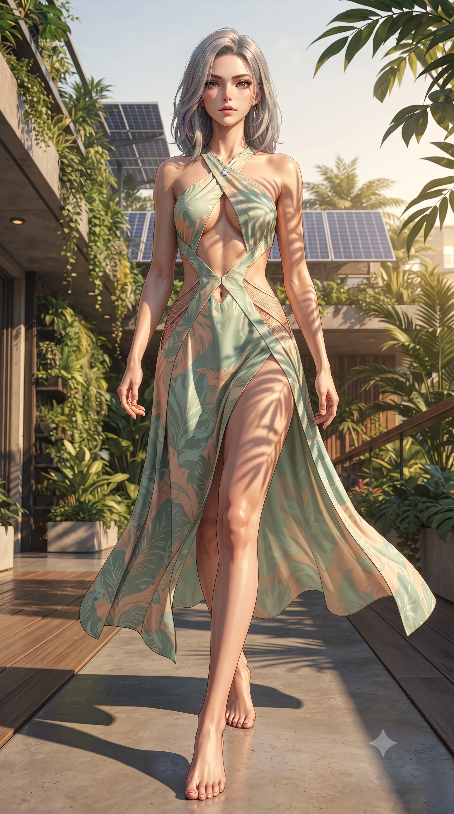 score_9, masterpiece, best quality, ultra-detailed, high-budget anime keyframe, editorial fashion photography, tasteful artistic composition, Caucasian woman. low angle full-body shot from head to toe showing her feet, filling the entire 9:16 vertical frame with her statuesque presence, stretching her vertical silhouette. striding forward in a proud, dynamic supermodel runway stride, hips swaying in an alluring kinetic rhythm that stretches her silhouette while stretching languidly as golden afternoon sunlight warms her bare shoulders, gazing into the lens with relaxed sensuality. The surrounding environment is rendered in vivid detail and crisp panoramic clarity. bright sunlit solarpunk chiaroscuro and cutting-edge eco-sanctuary aesthetics in high clarity. She has an absolutely perfect, statuesque 8.5-heads proportion, an exceptionally tall and slender model-like female figure with impossibly long slender legs, a toned flat midriff, and an ultra-slim waist. sharp v-shaped jawline, high-bridge nose, intricate jewel-like eyes with depth, thick eyelashes, glossy parted lips with a natural sheen, intensely captivating and seductive expression, flawlessly proportioned anatomical accuracy, strict slender model proportions, natural body alignment, perfectly sculpted long slender limbs, ultra-slim waistline, clean dynamic posture without body distortion. wearing an open-waist botanical print silk maxi gown with crossed halter straps and bare back in eucalyptus mint green and pale peach, tailored from lightweight performance eco-mesh with breathable cutouts, complemented by a dainty solar crystal pendant resting near her collarbone, the precision-cut architectural openings accentuating her delicate midriff, graceful bare collarbones, and feminine curves with statuesque precision. illuminated by organic stencil shadows from tropical leaves tracing her sculpted torso and legs. ultra-reflective glossy finish, specular highlights, rich textural contrasts, high-contrast stereoscopic depth, volumetric dynamic lighting, 2k, ultra detail, master piece, 9:16 ratio